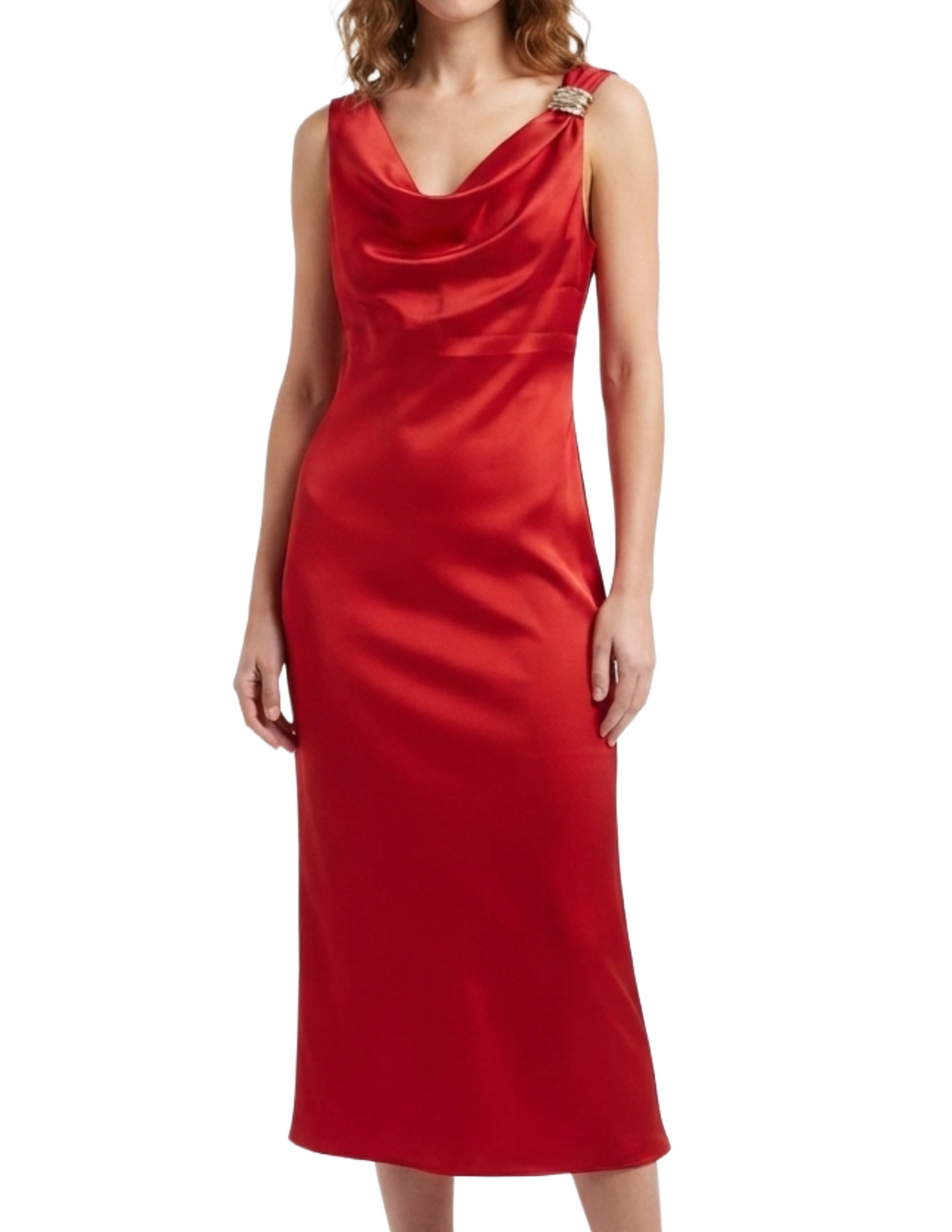 Vestido rojo satinado con detalle metalico en hombro