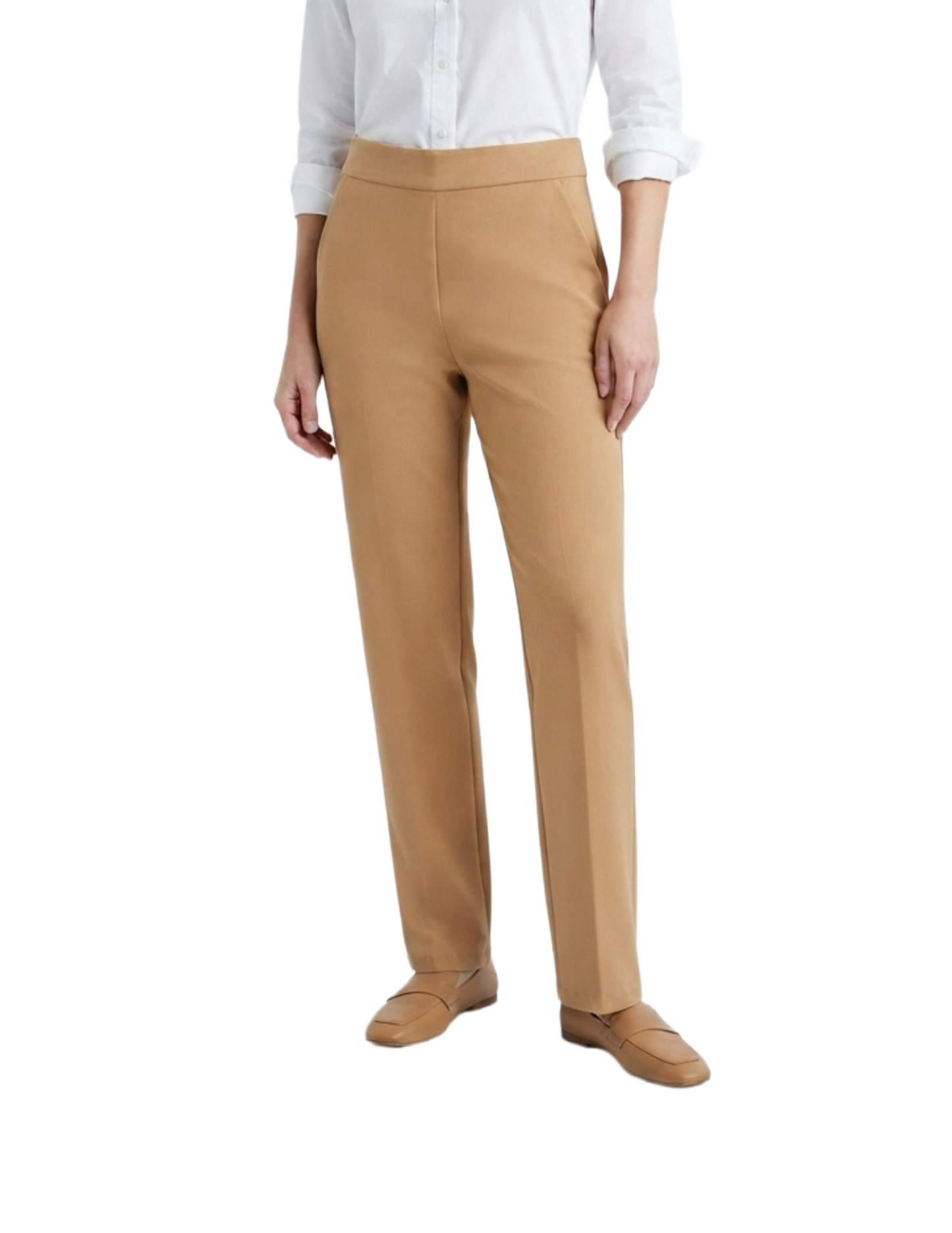 Pantalón beige con elástico en cintura de vestir corte recto