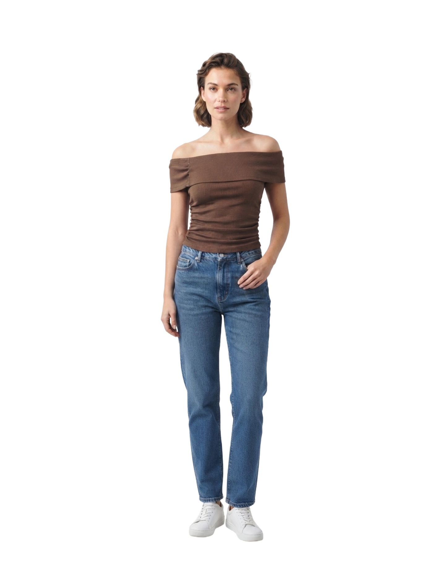 Blusa cafe con hombro descubierto tipo mesh