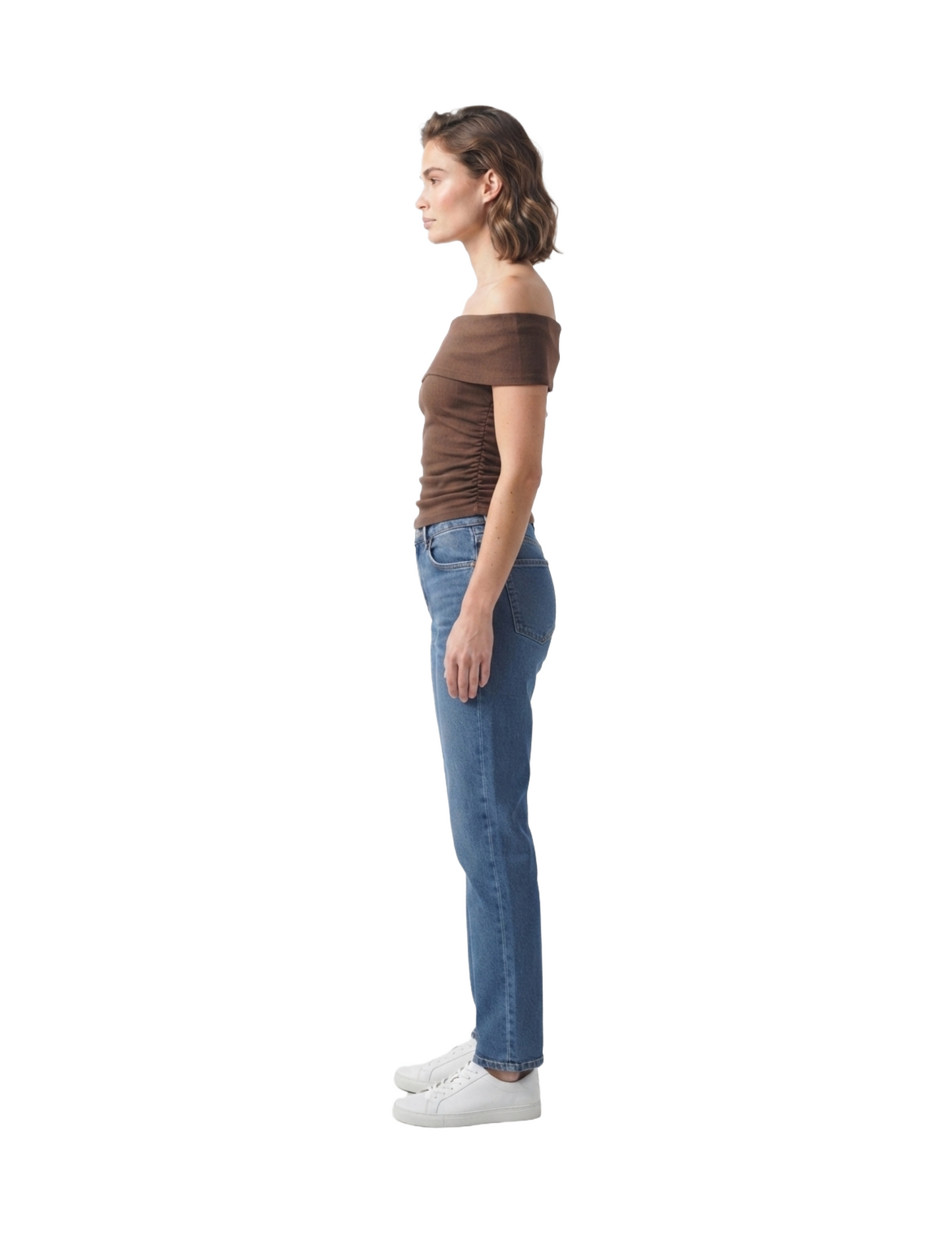 Blusa cafe con hombro descubierto tipo mesh