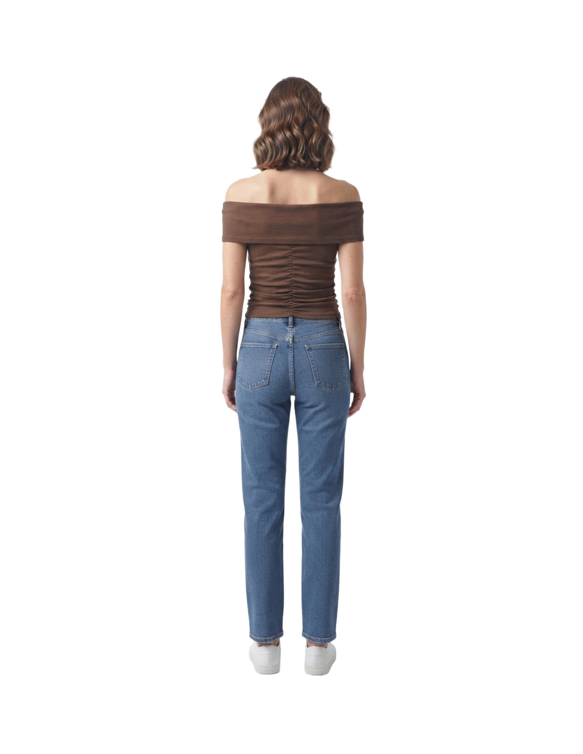 Blusa cafe con hombro descubierto tipo mesh