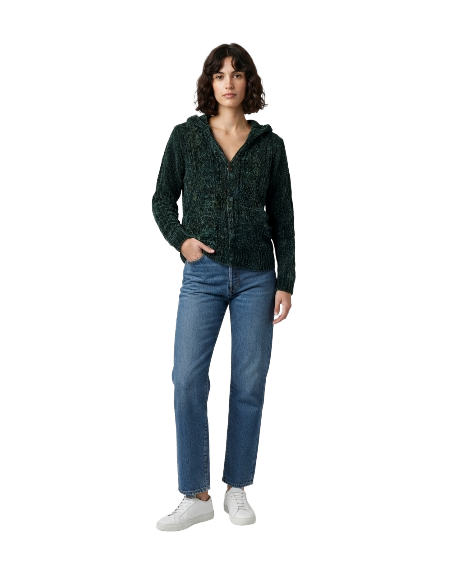 Suéter verde con zipper y gorro