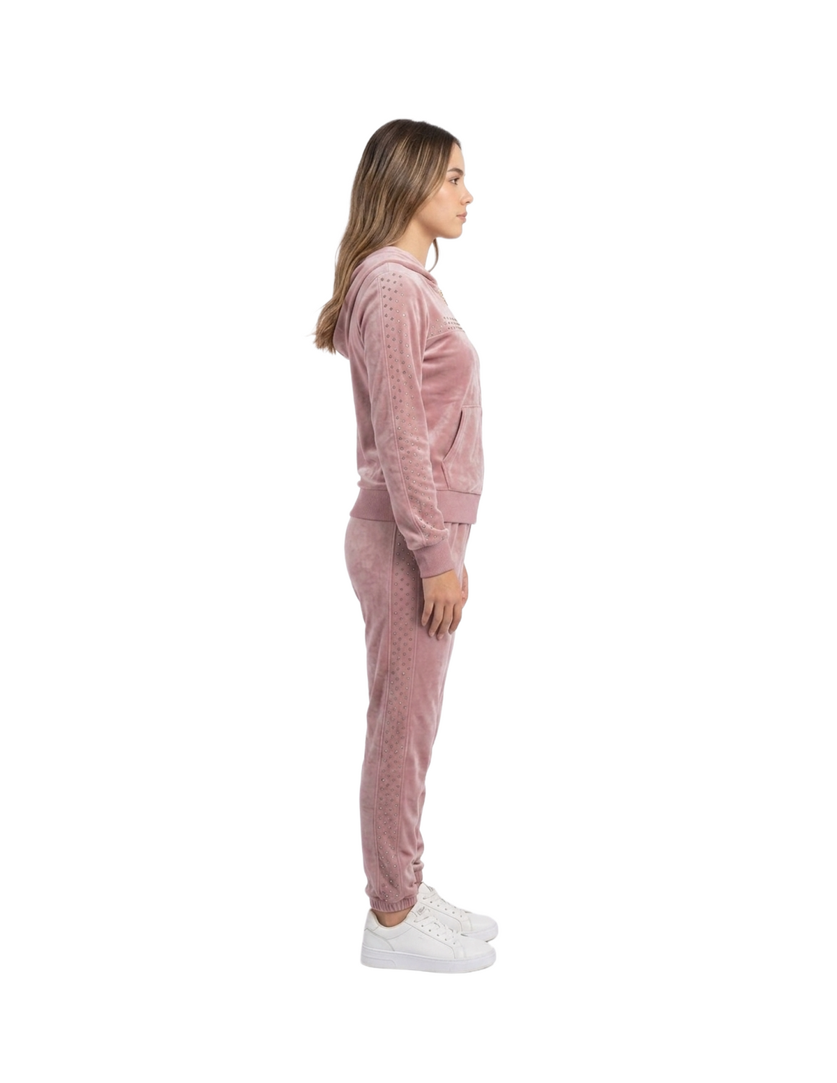 Conjunto deportivo rosa de terciopelo con decoraciones laterales de brillos