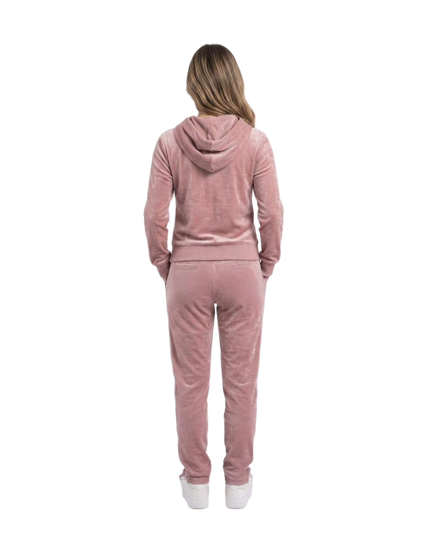Conjunto deportivo rosa de terciopelo con decoraciones laterales de brillos