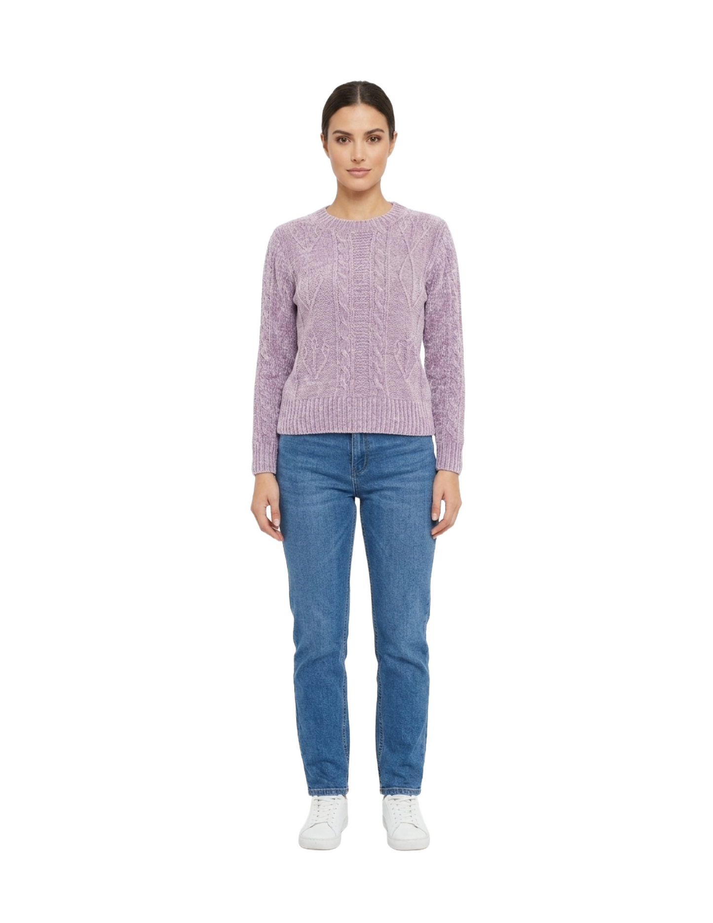 Suéter morado cuello redondo con relieves decorativos