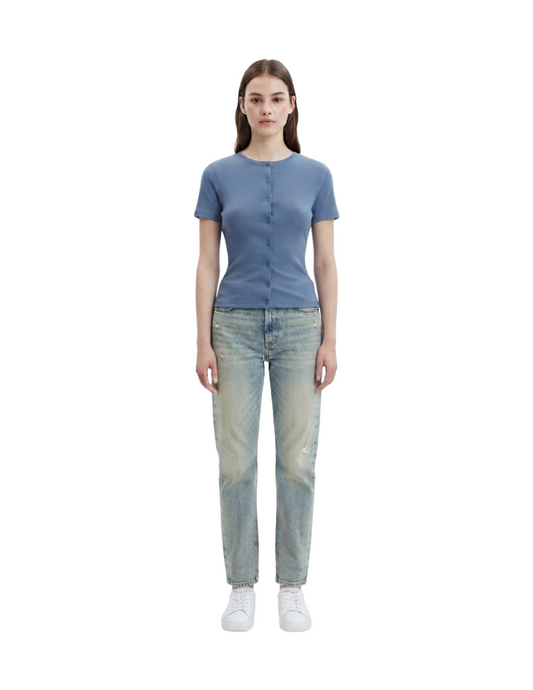 Blusa azul manga corta abotonada