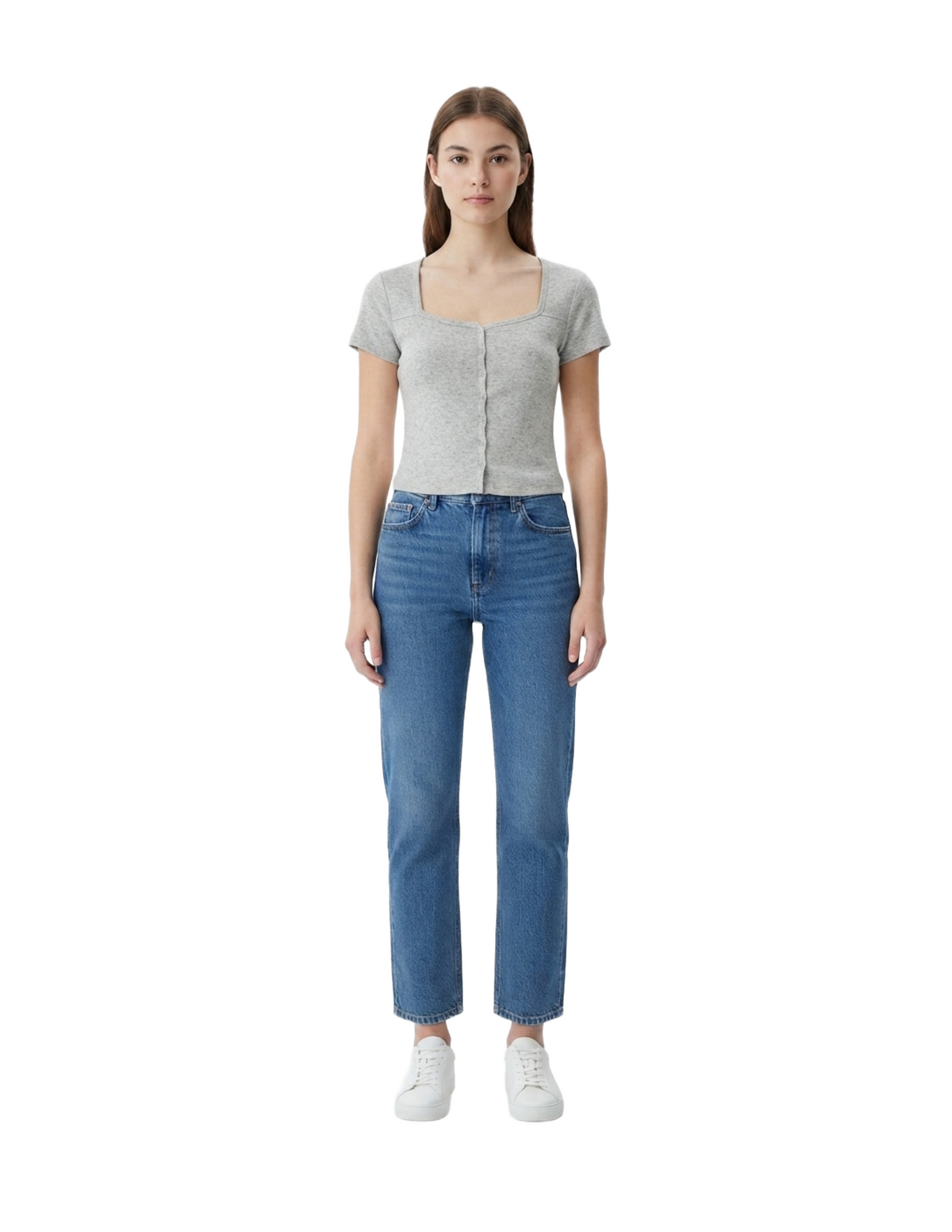 Blusa gris jaspeada con botones decorativos