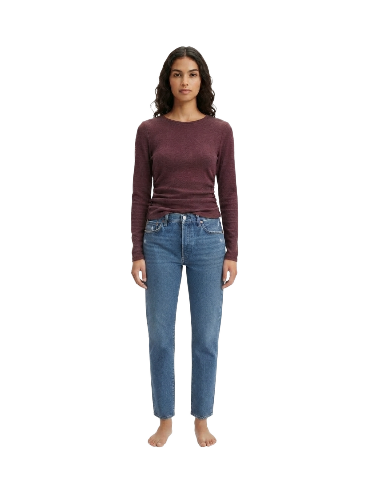Blusa acanalada cuello redondo con plisados laterales