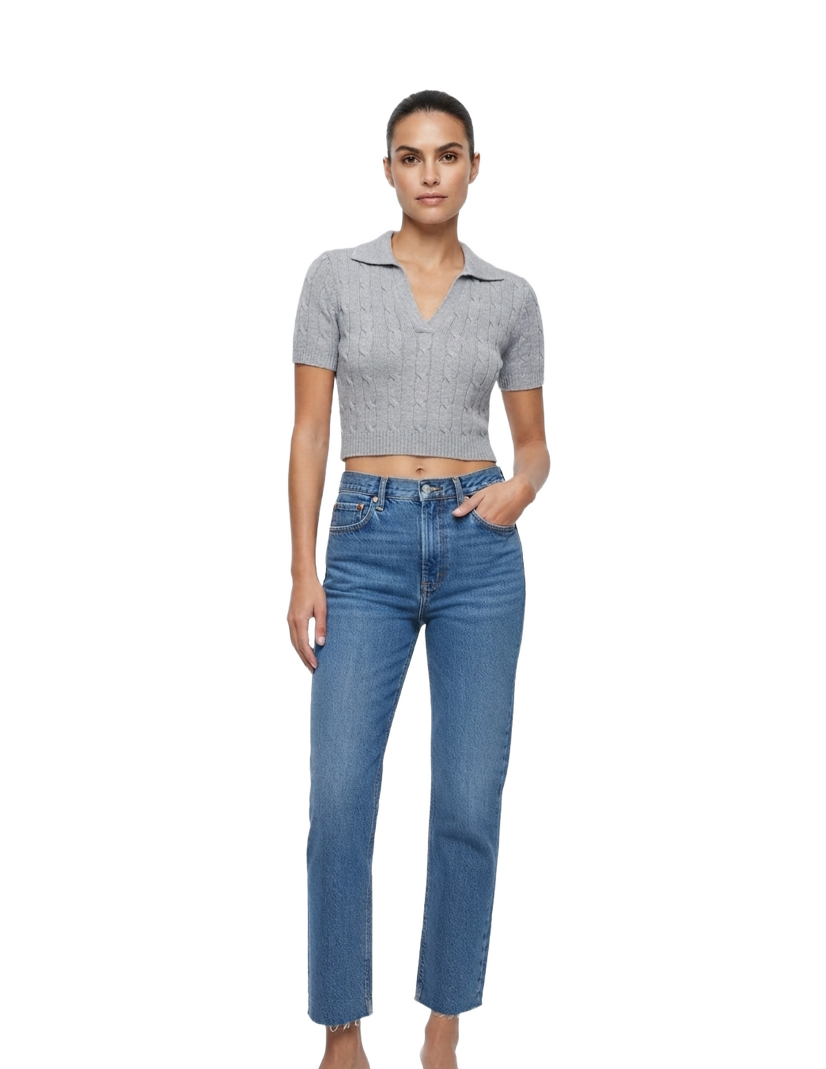 Crop top tipo suéter trenzado con cuello sport