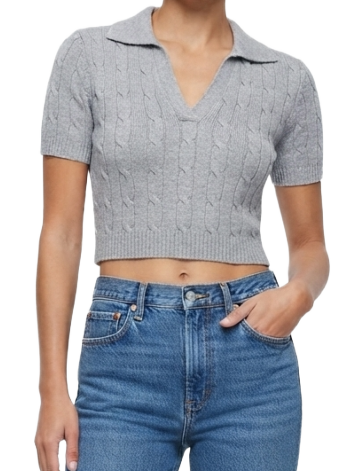 Crop top tipo suéter trenzado con cuello sport
