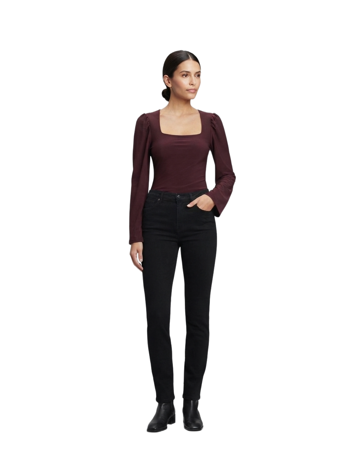 Blusa guinda cuello cuadrado manga larga