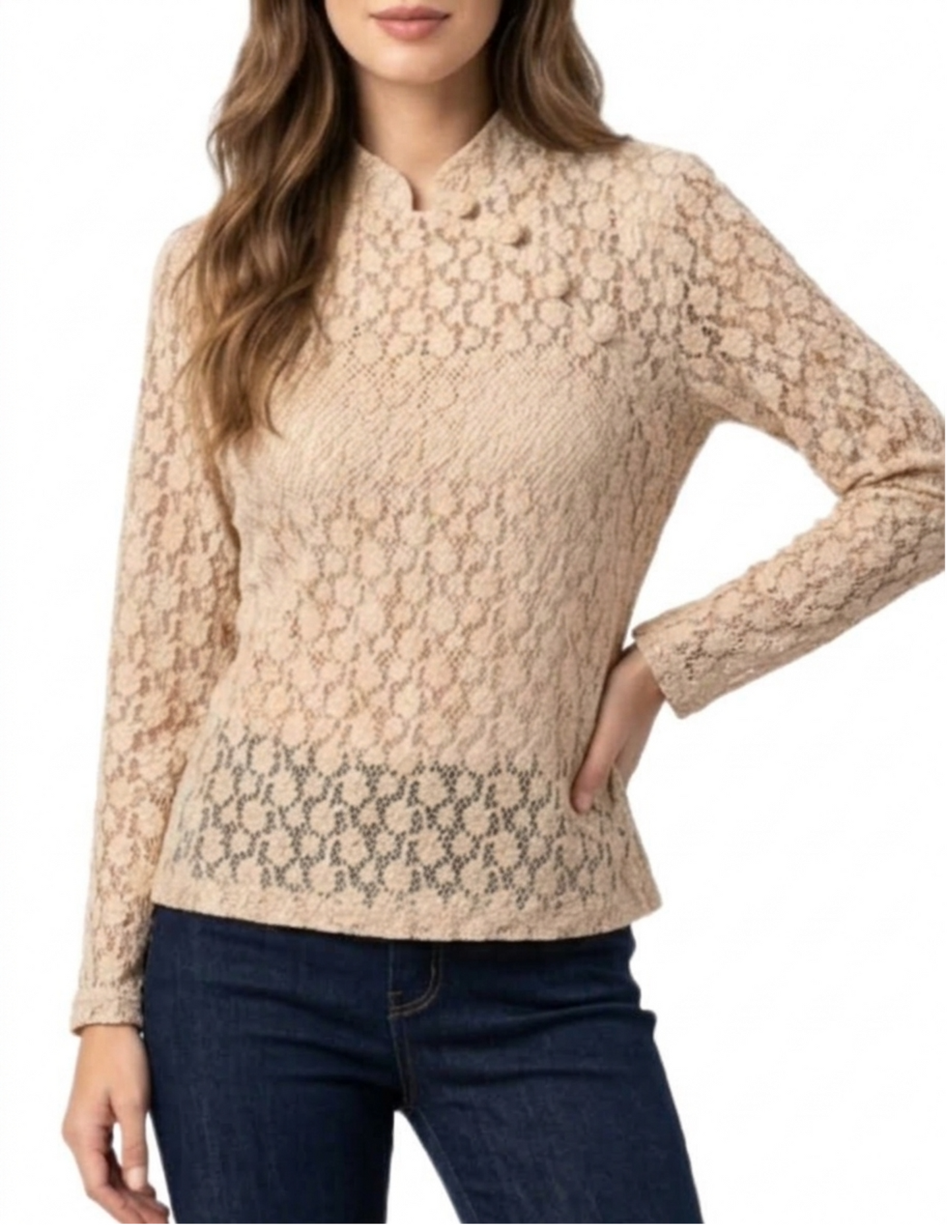 Blusa mesh con bordado de flores abotonado lateral estilo japones