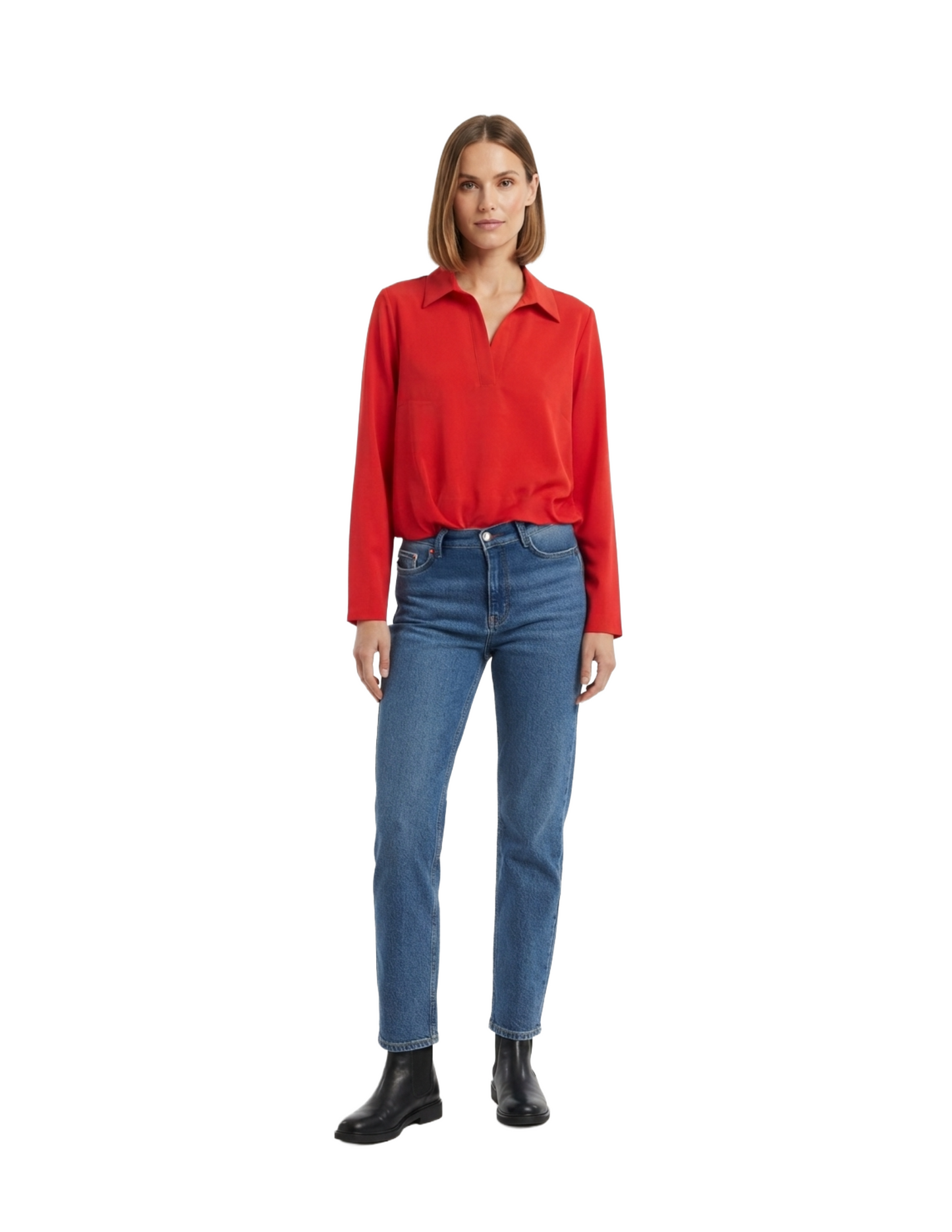 Blusa roja cuello sport con plisado en cintura manga larga