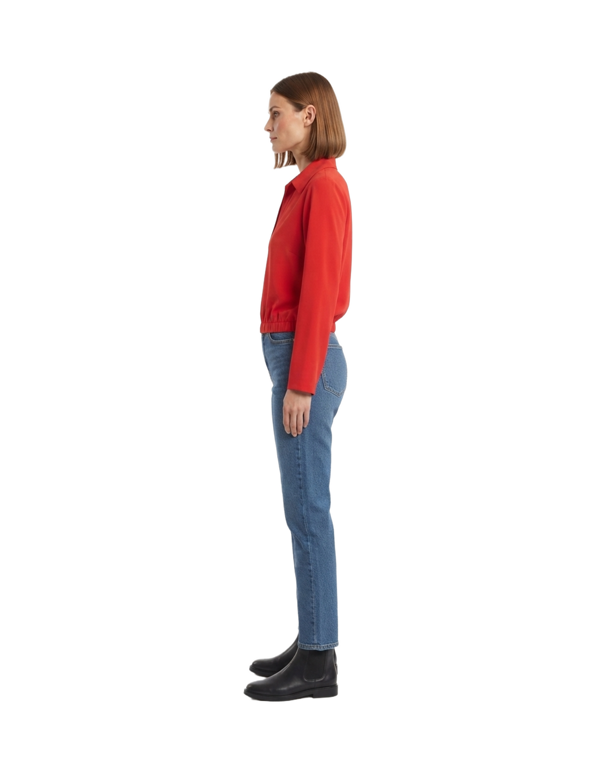 Blusa roja cuello sport con plisado en cintura manga larga