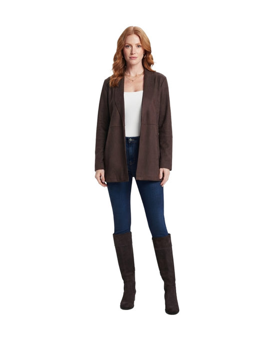 Saco de gamuza cafe con solapa abierto tipo oversize