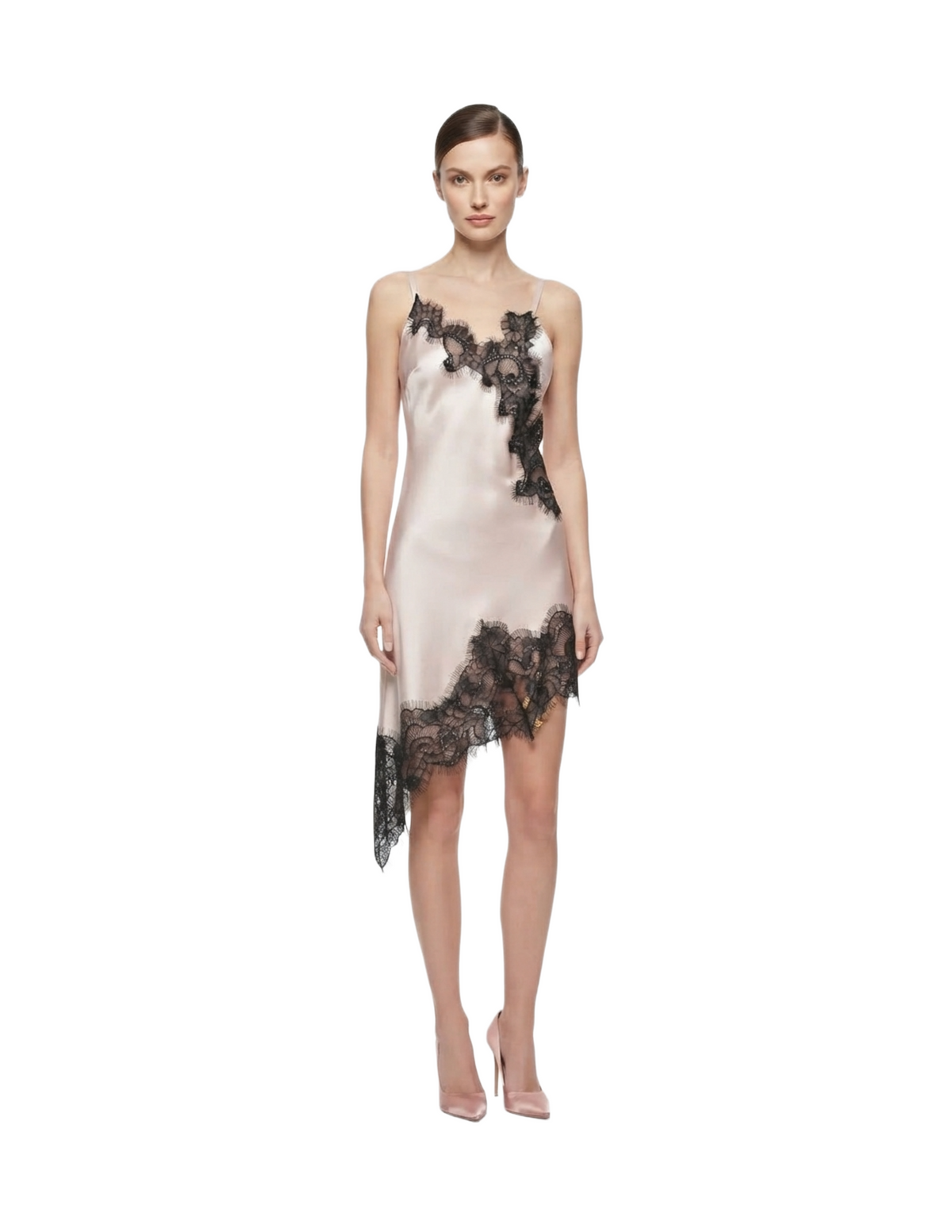 Vestido satinado rosa con encajes negros decorativos