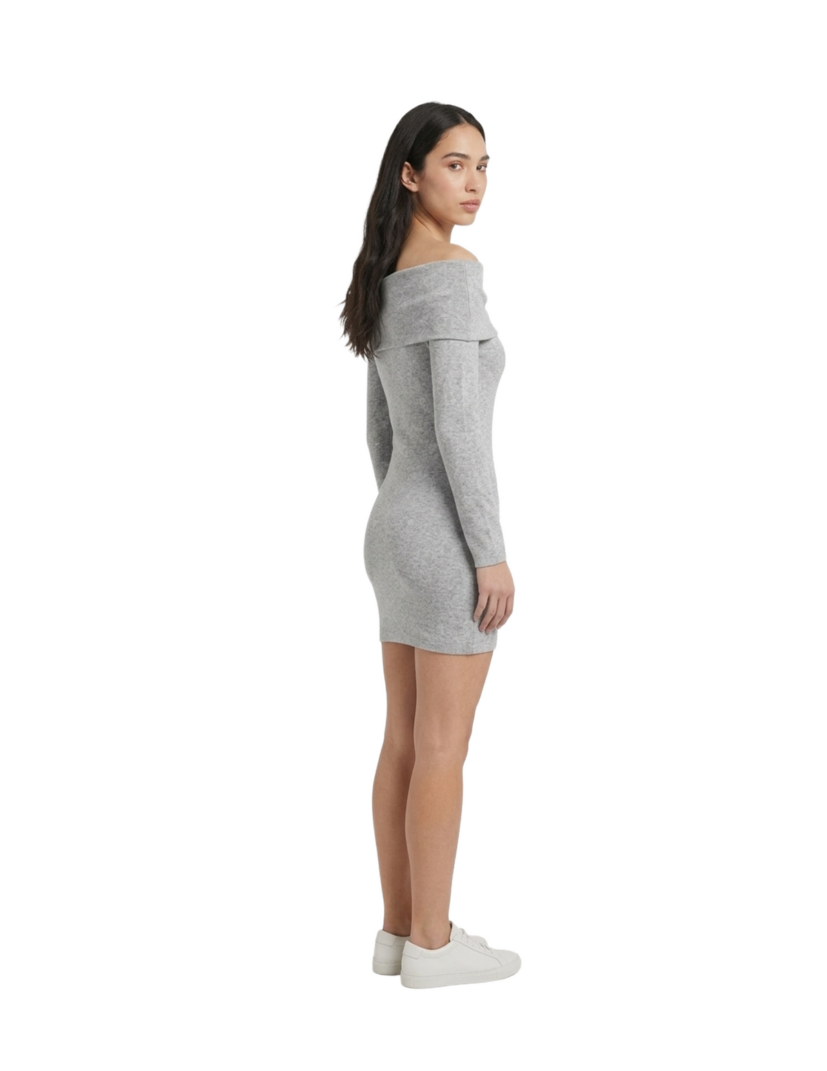 Vestido gris manga larga con cuello doblado