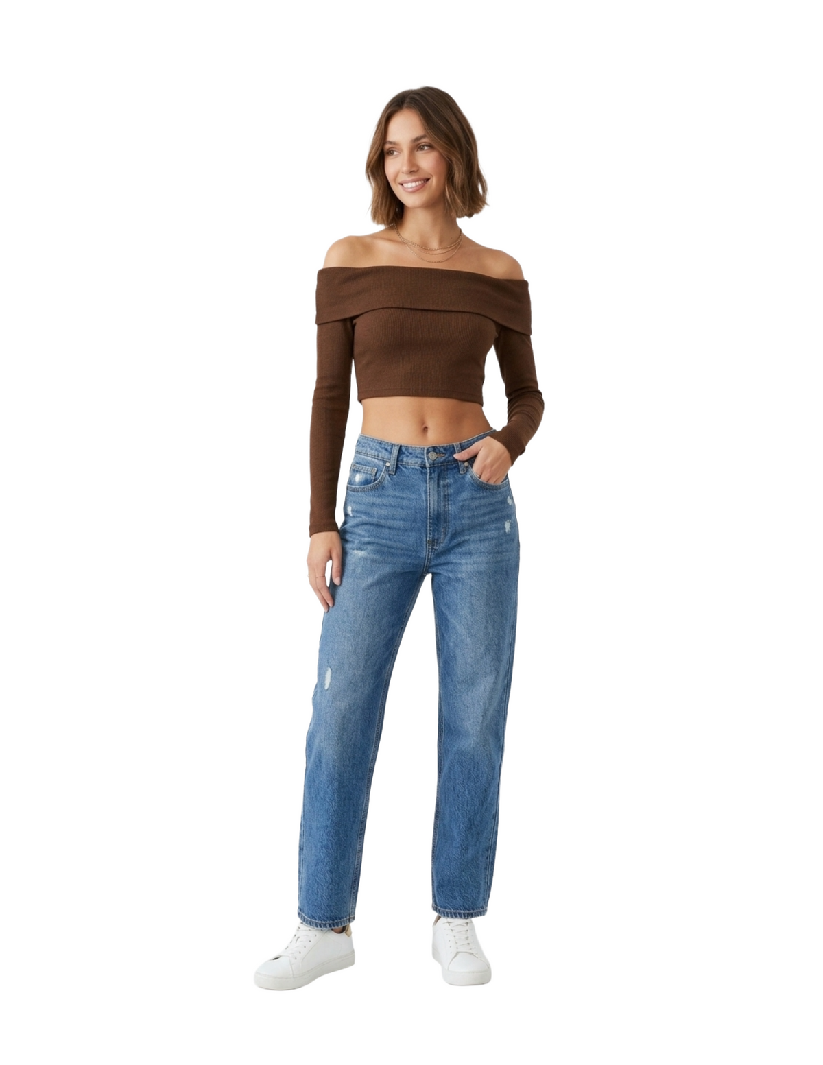 Crop top cafe acanalada manga larga