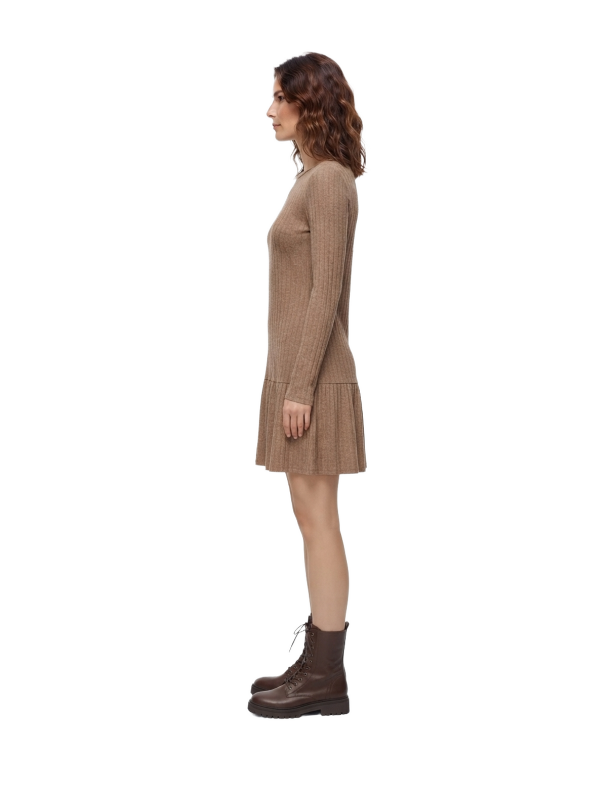 Vestido cuello redondo acanalado manga larga