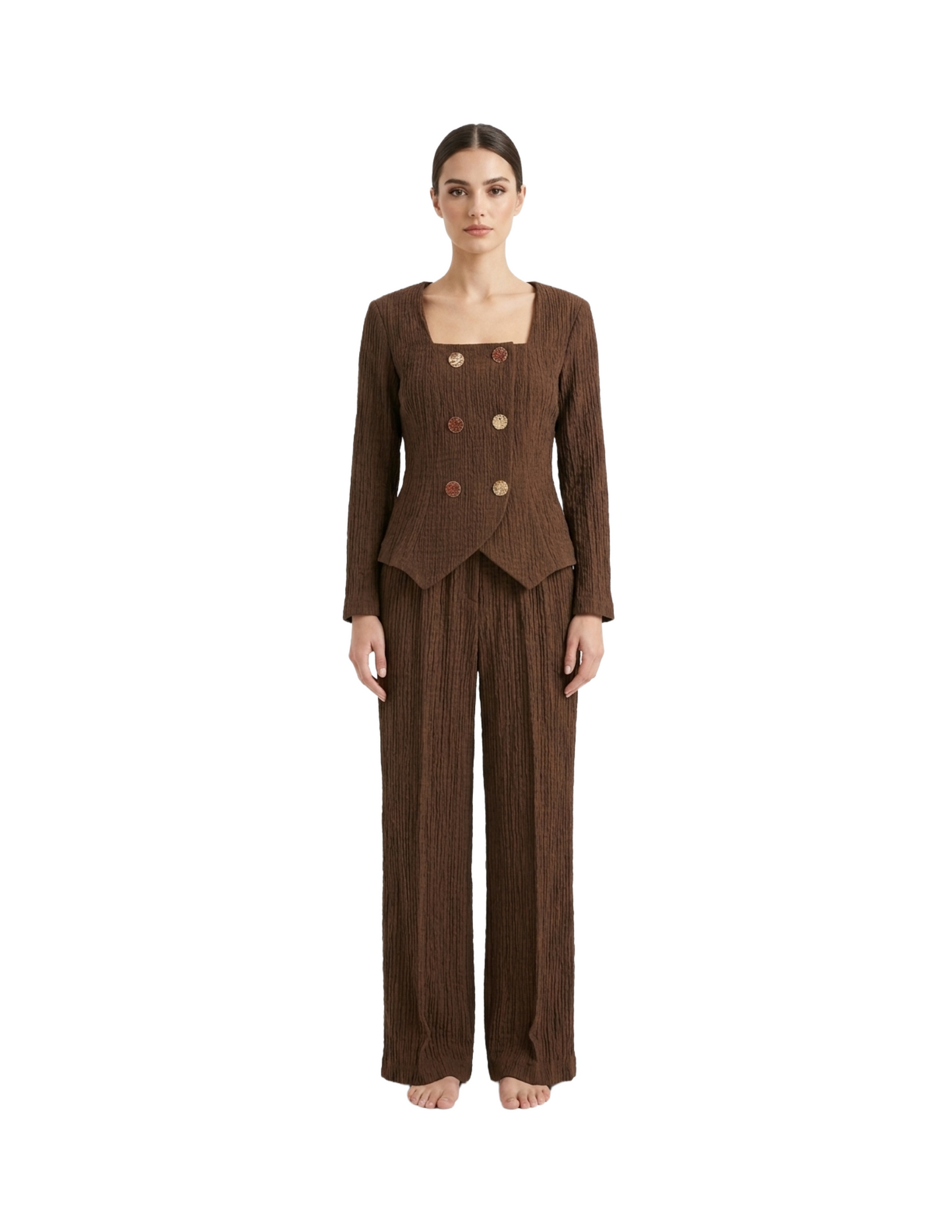Conjunto acanalado cafe de blusa abotonada con pantalon