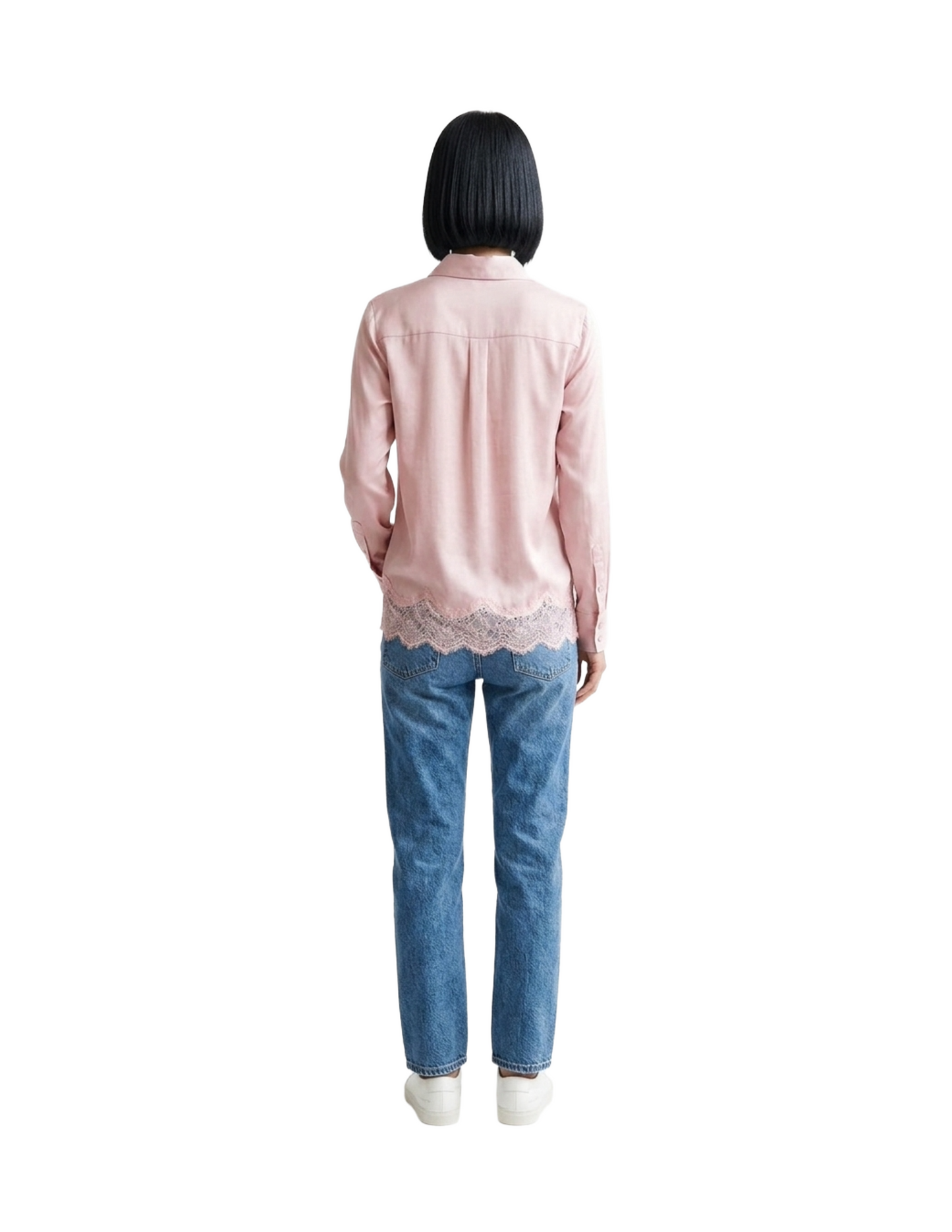 Blusa rosa abotonada con encaje en costura decorativo