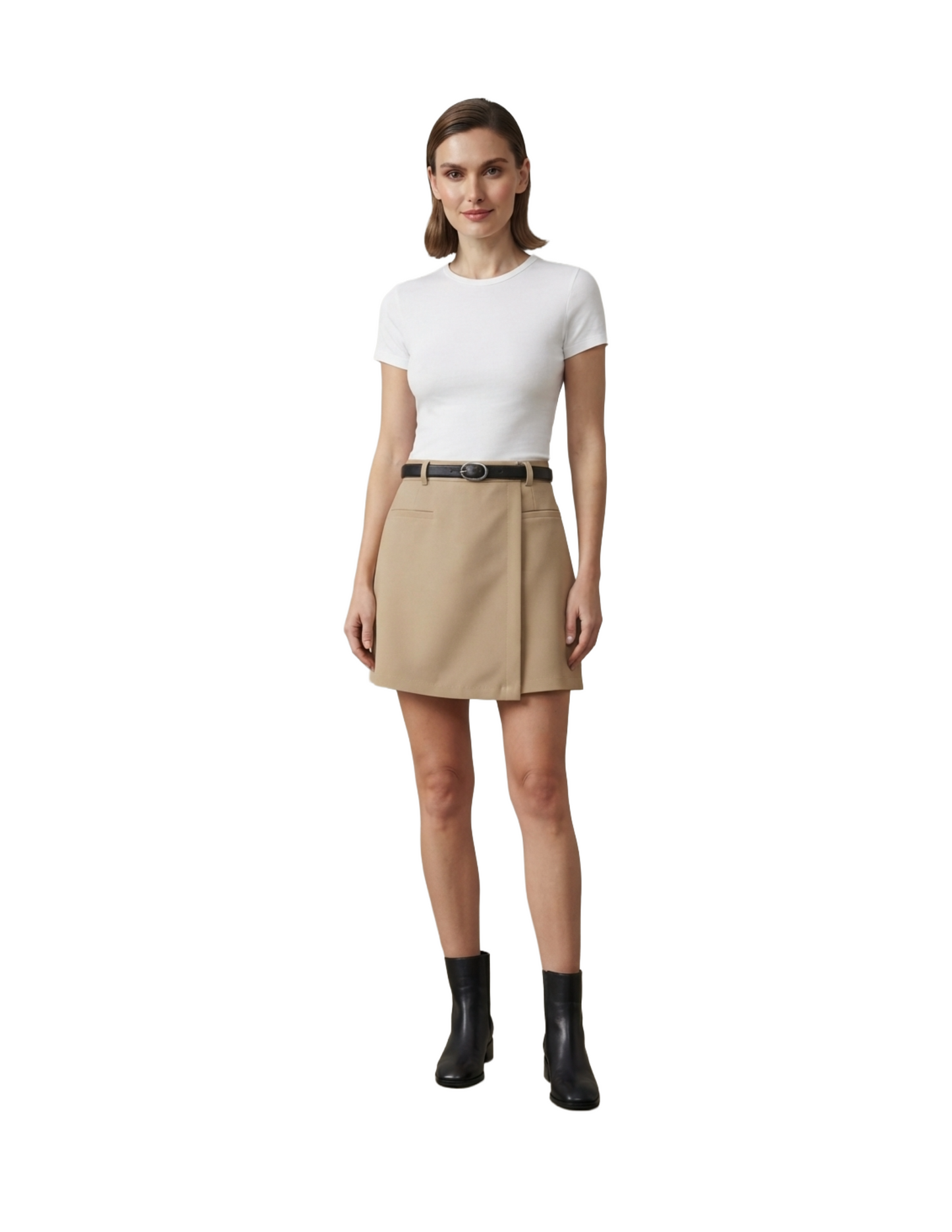 Mini falda short cruzada con cinto cafe