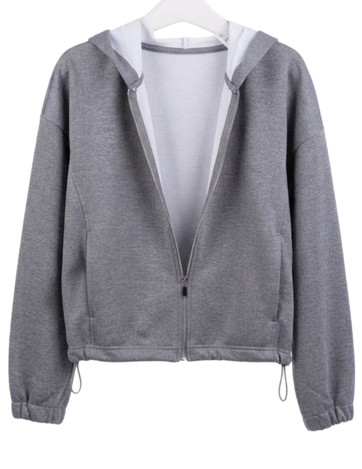 Sudadera gris con ajuste lateral, con capucha y ziper