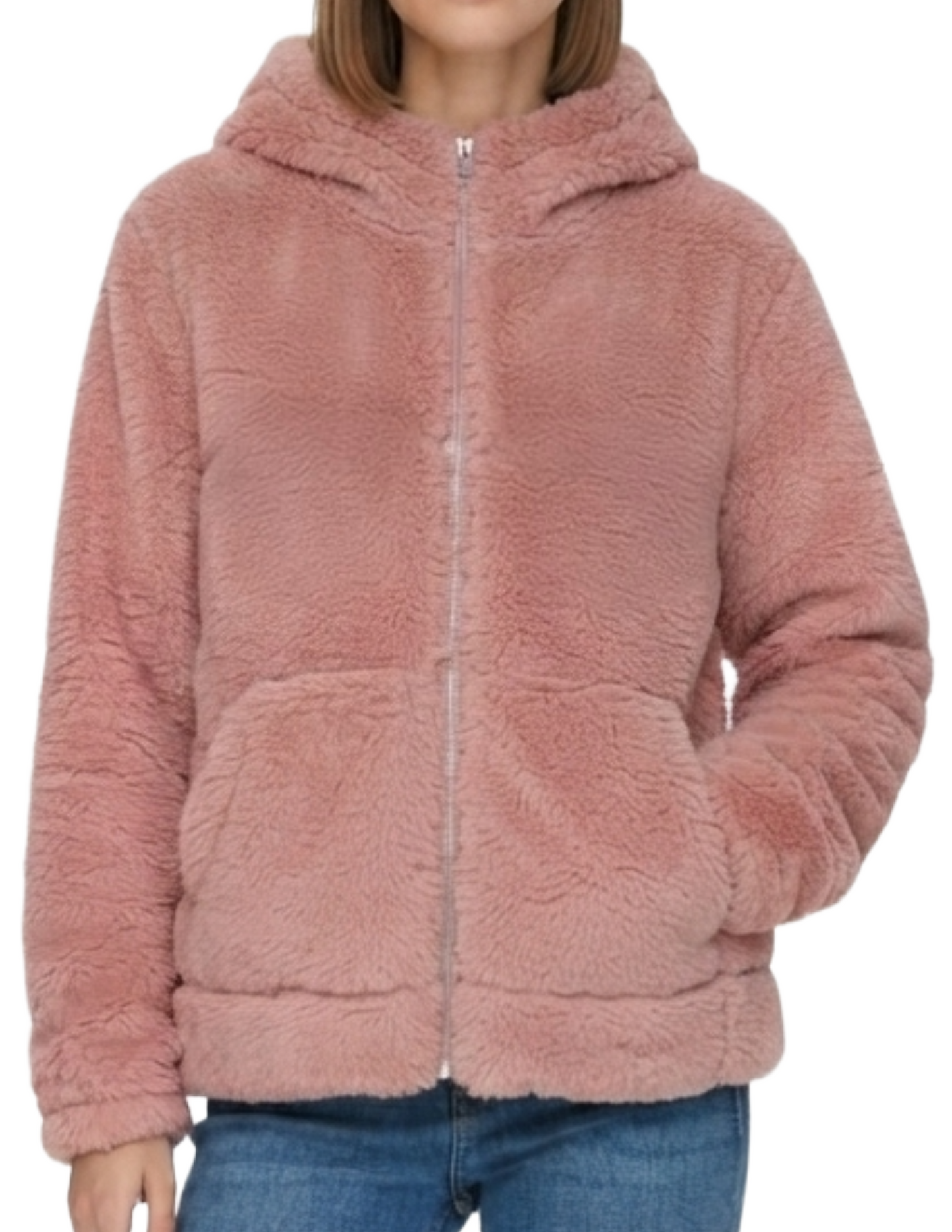 Chamarra de peluche rosa con bolsas lateral