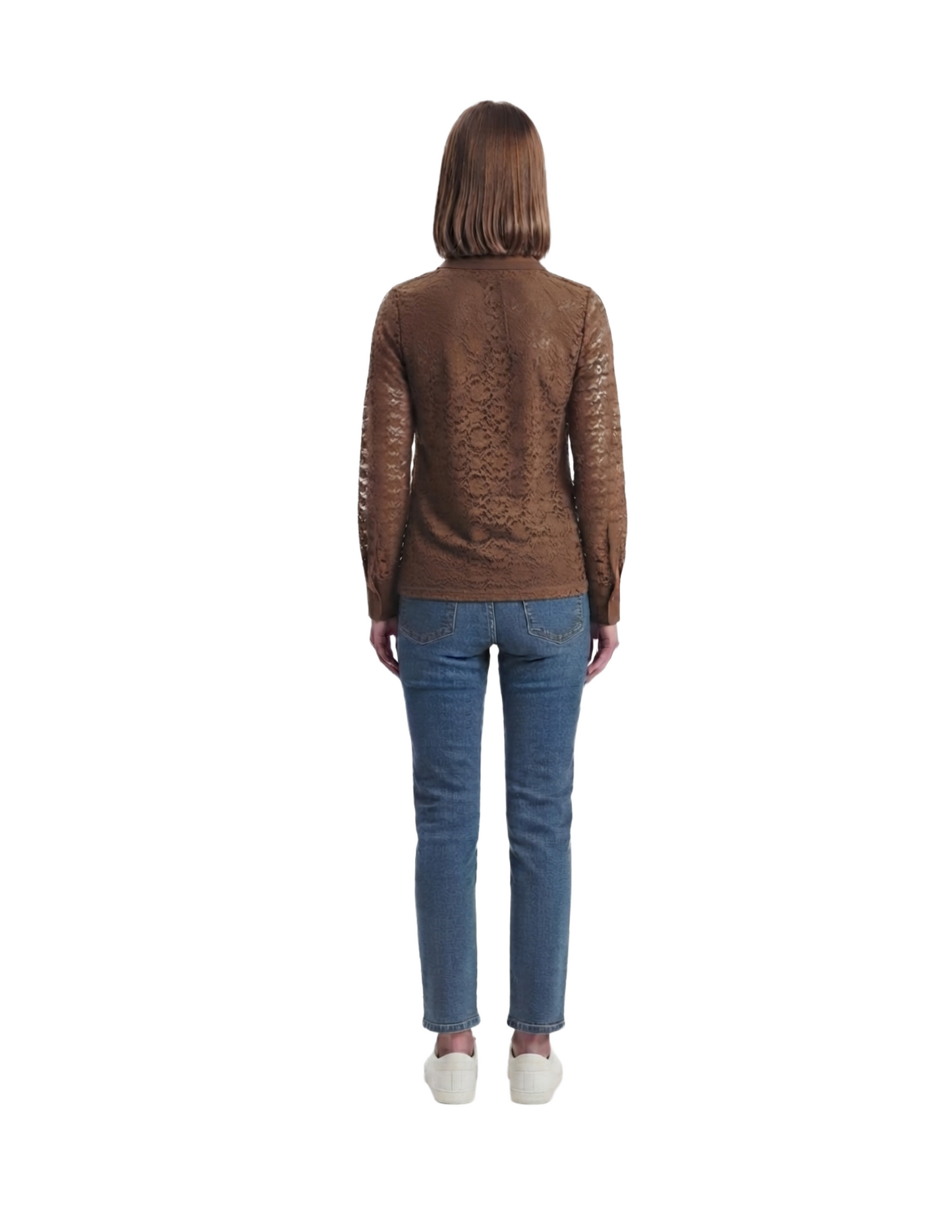 Blusa cafe con encaje detalles de contraste en cuello y botones
