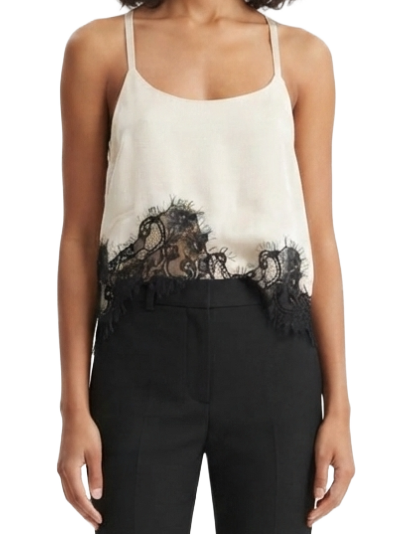 Blusa de tirantes corte asimétrico color hueso con detalles de encaje