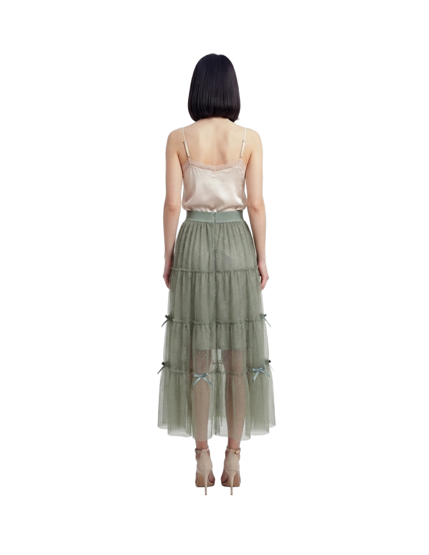 Falda verde larga con brillos con doble forro