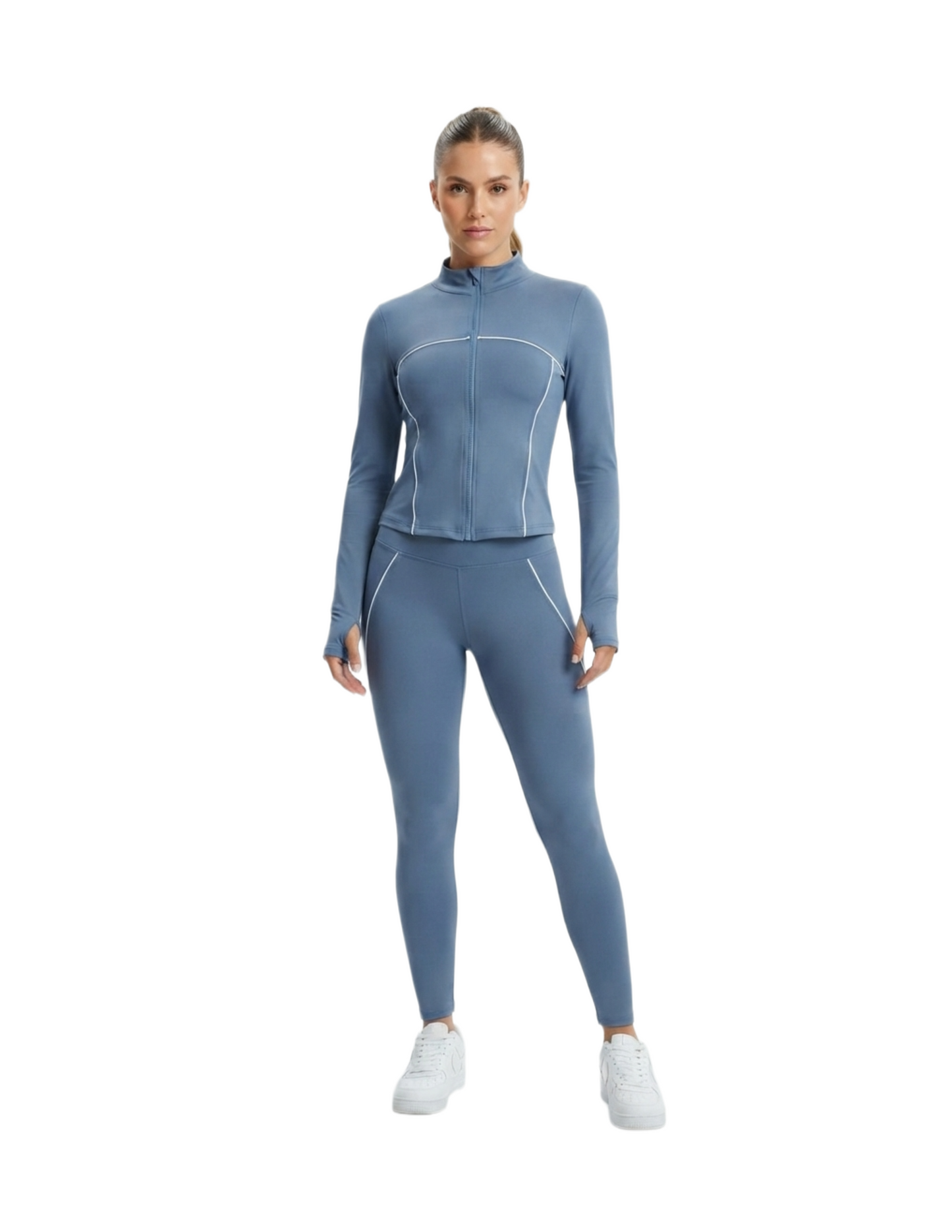 Conjunto deportivo gris con rayas deportivas
