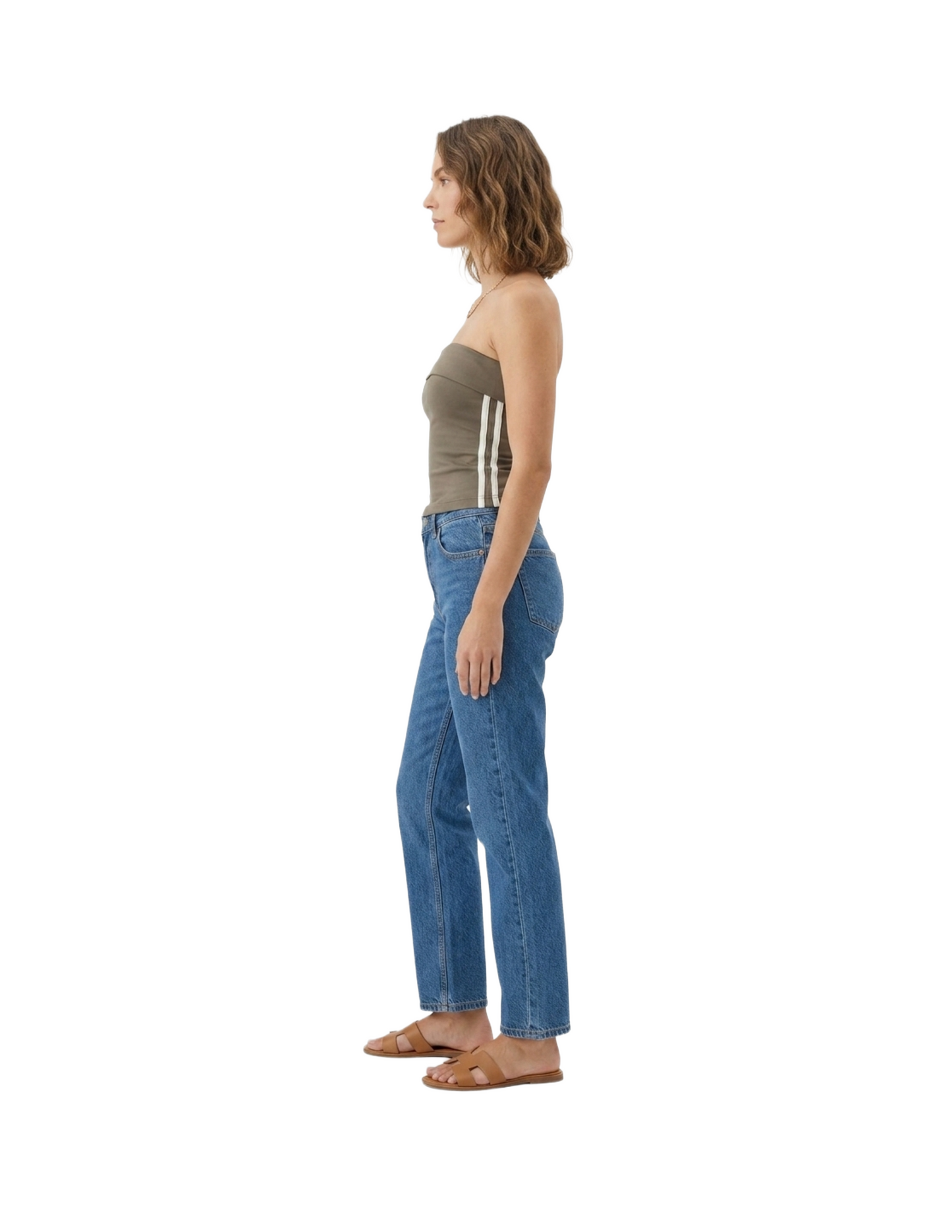 Crop top cafe con rayas laterales deportivo tipo strapless