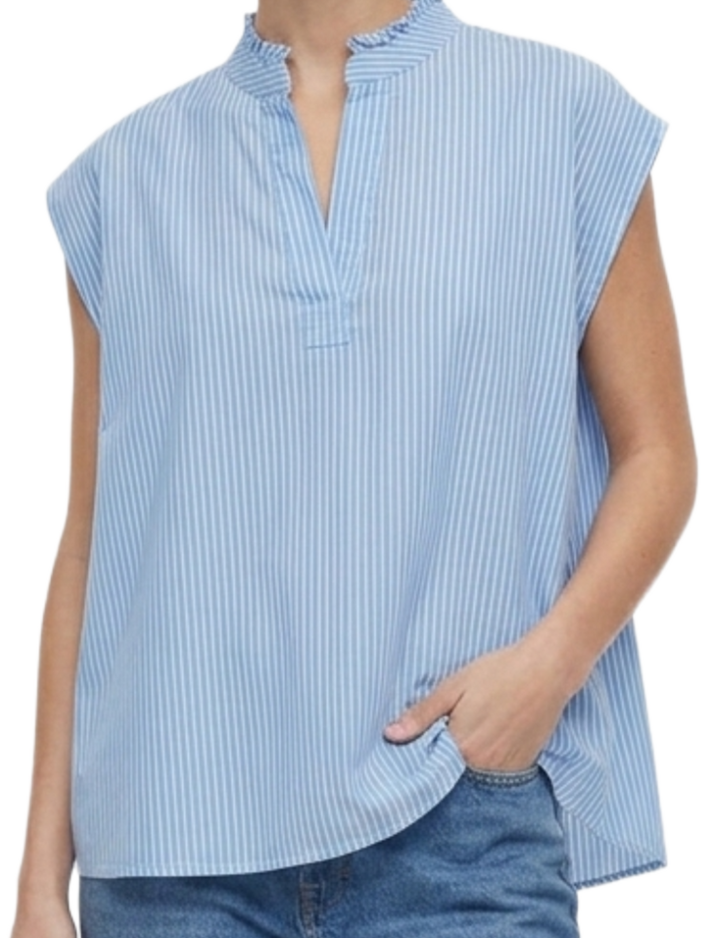 Blusa azul de rayas con cuello estilo japones