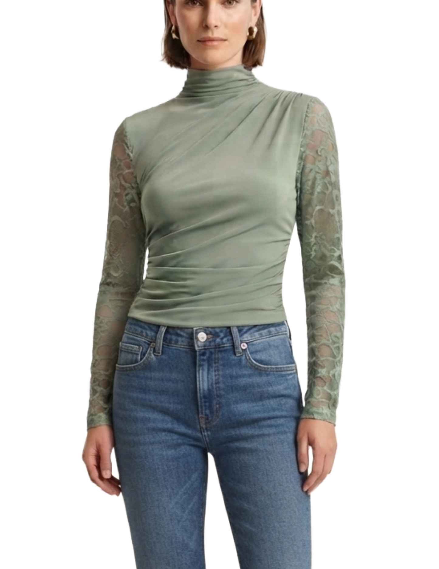 Blusa verde jade con mangas de encaje manga larga