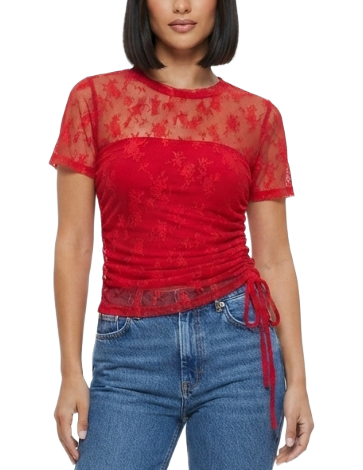 Crop top rojo de encaje transparente con amarre lateral