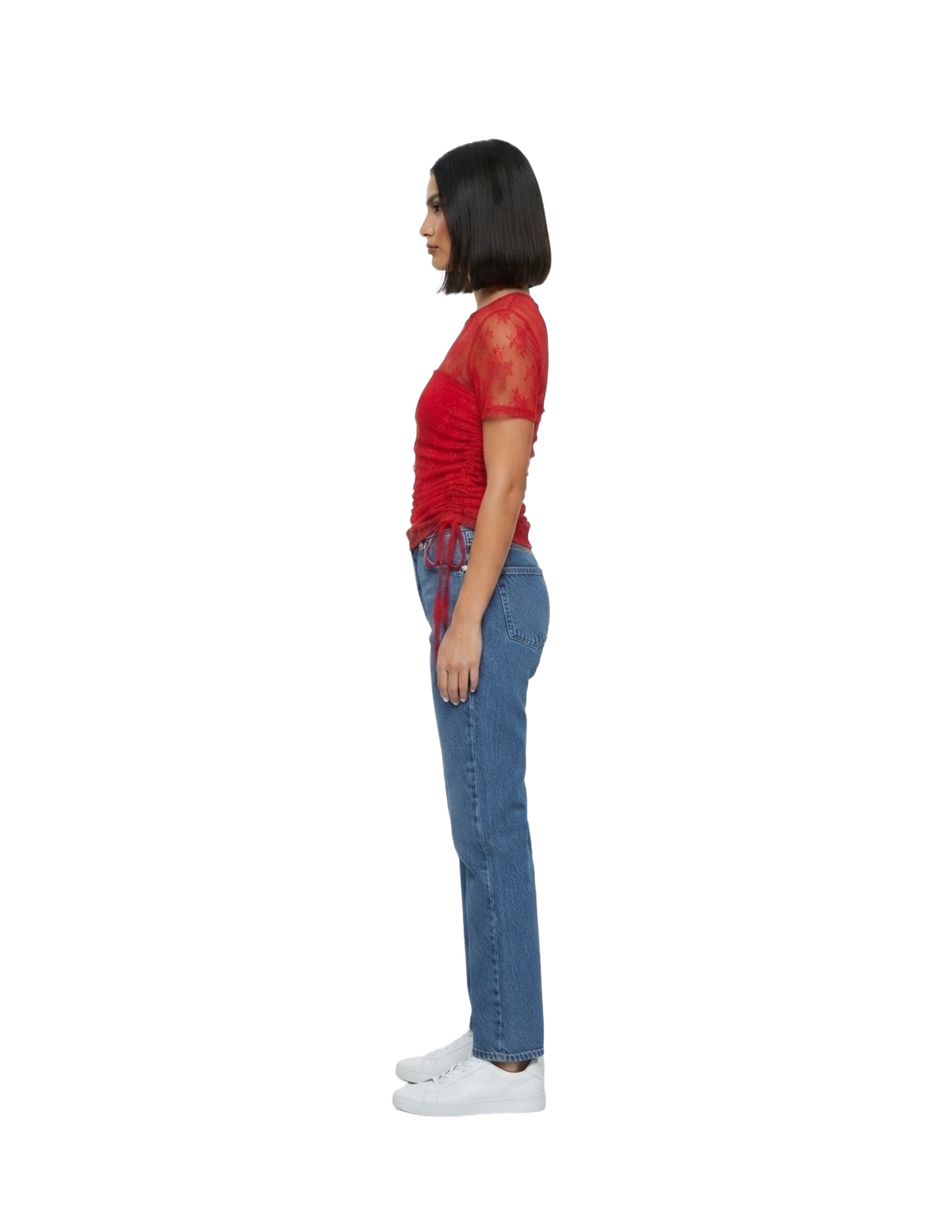 Crop top rojo de encaje transparente con amarre lateral