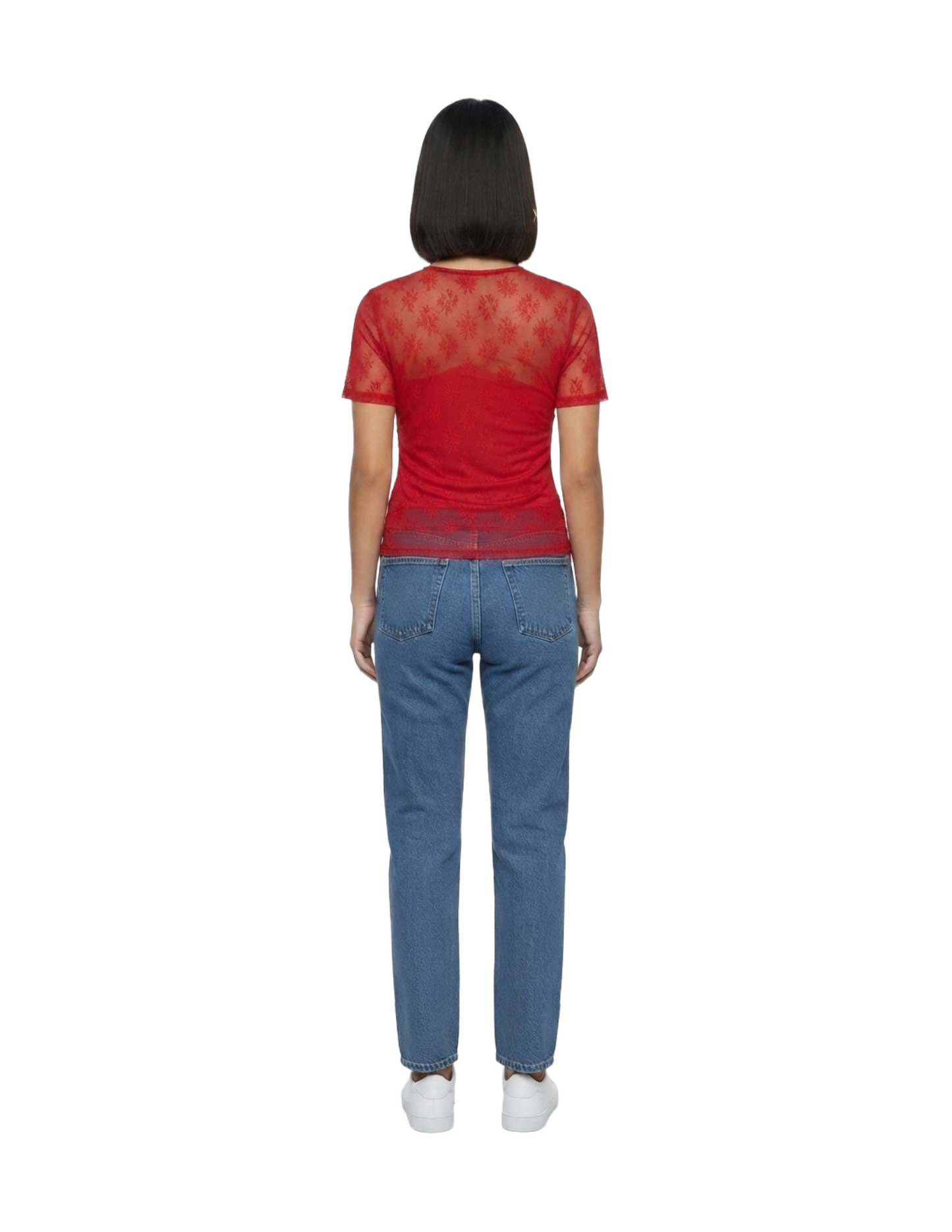 Crop top rojo de encaje transparente con amarre lateral
