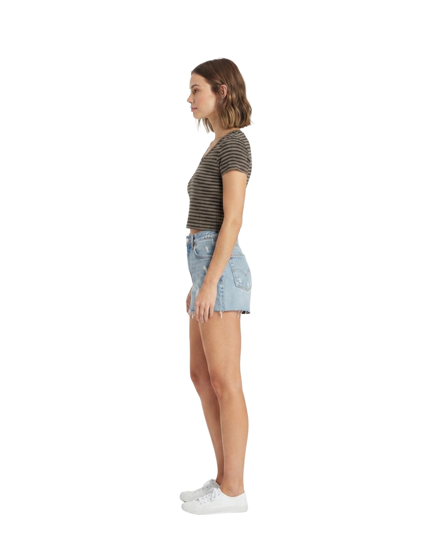 Crop top manga corta cafe rayado cuello en V