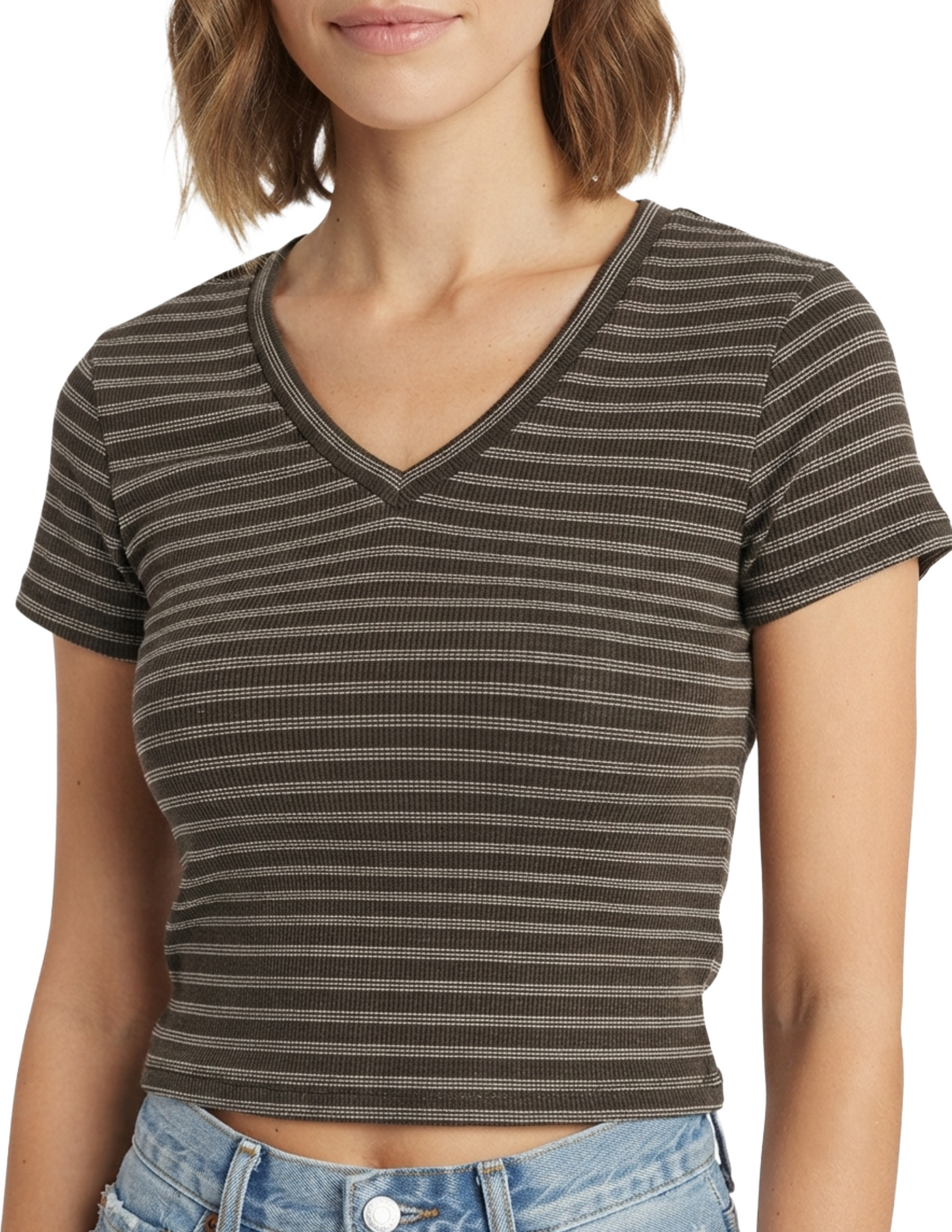 Crop top manga corta cafe rayado cuello en V