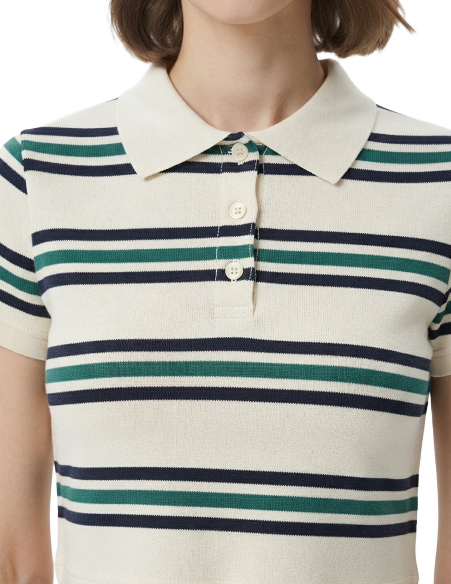 Crop top blanco con cuello tipo sport estampado de rayas
