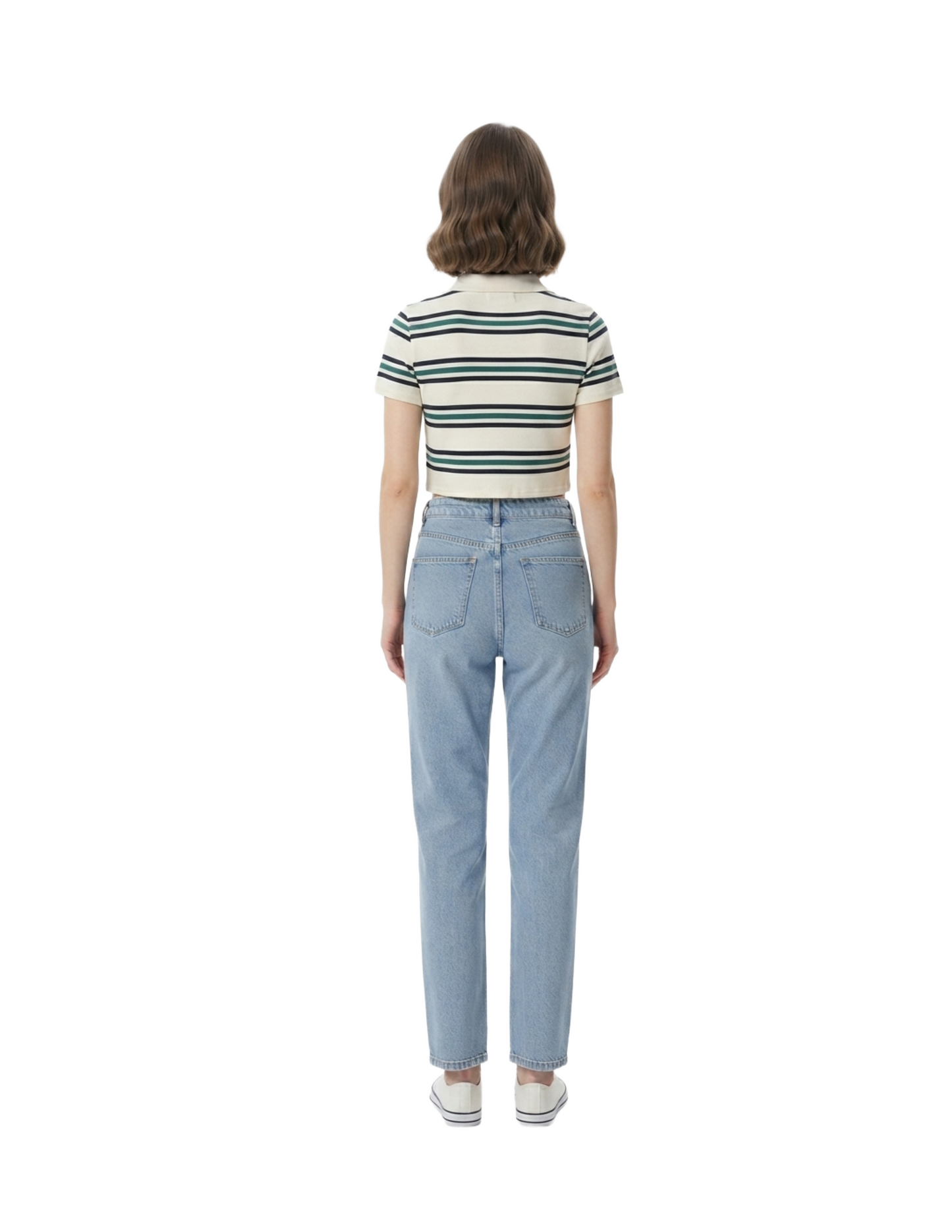 Crop top blanco con cuello tipo sport estampado de rayas