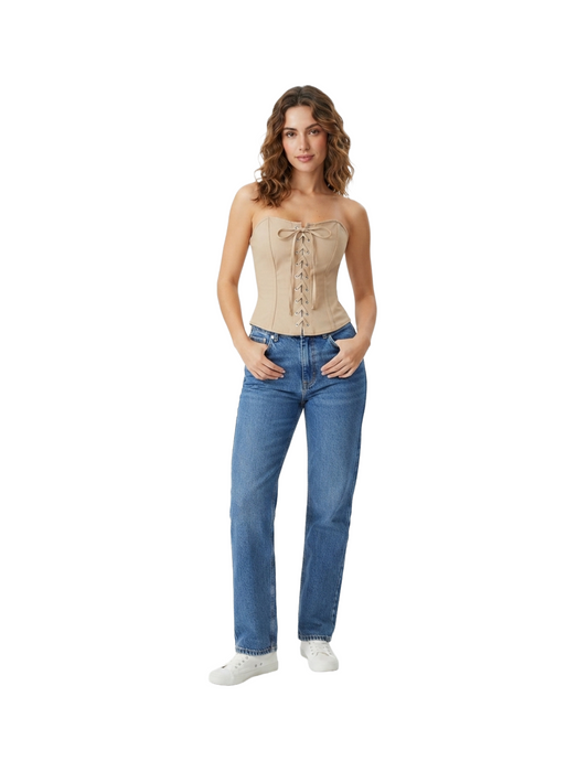 Crop top strapless beige con amarre tipo corset