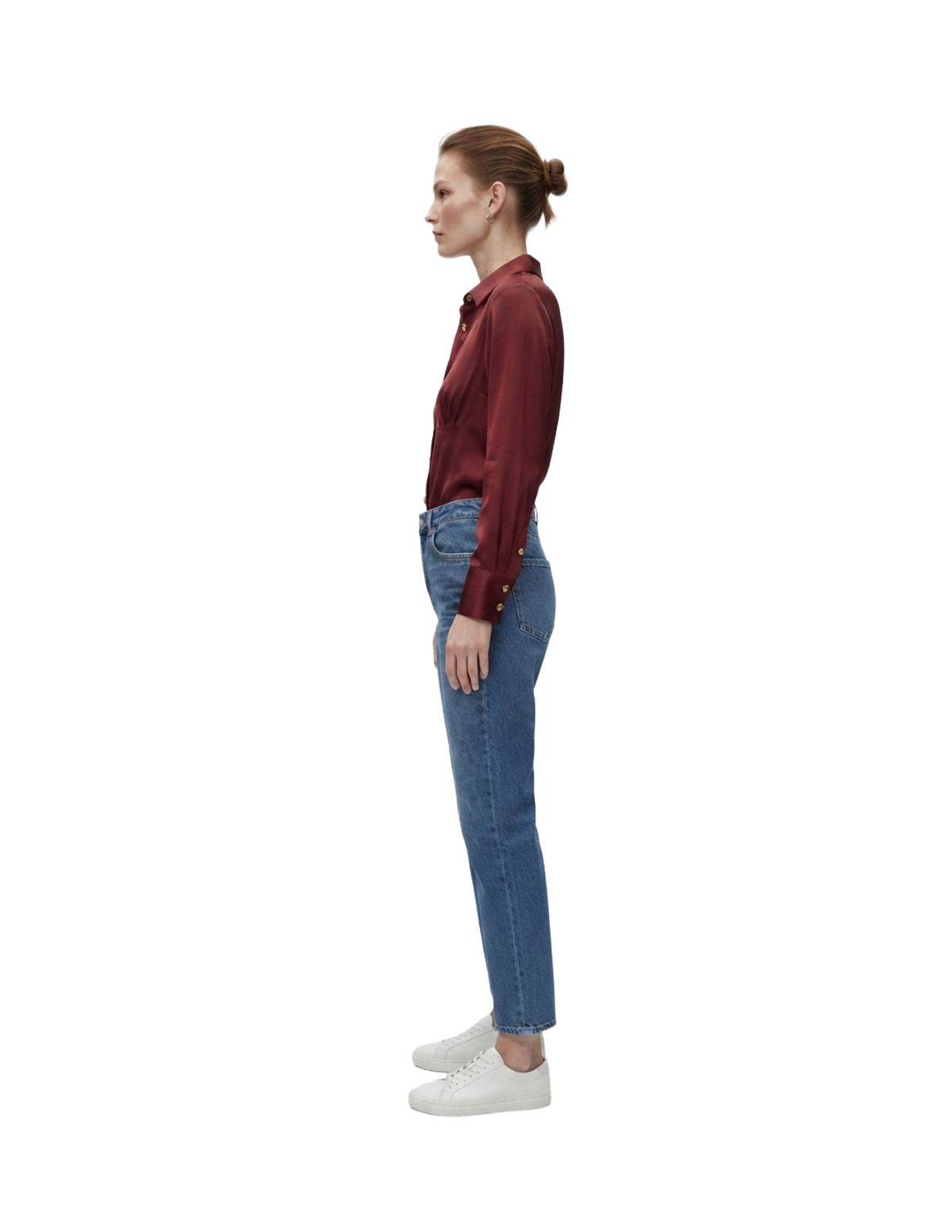 Blusa satinada manga larga abotonada con plisado