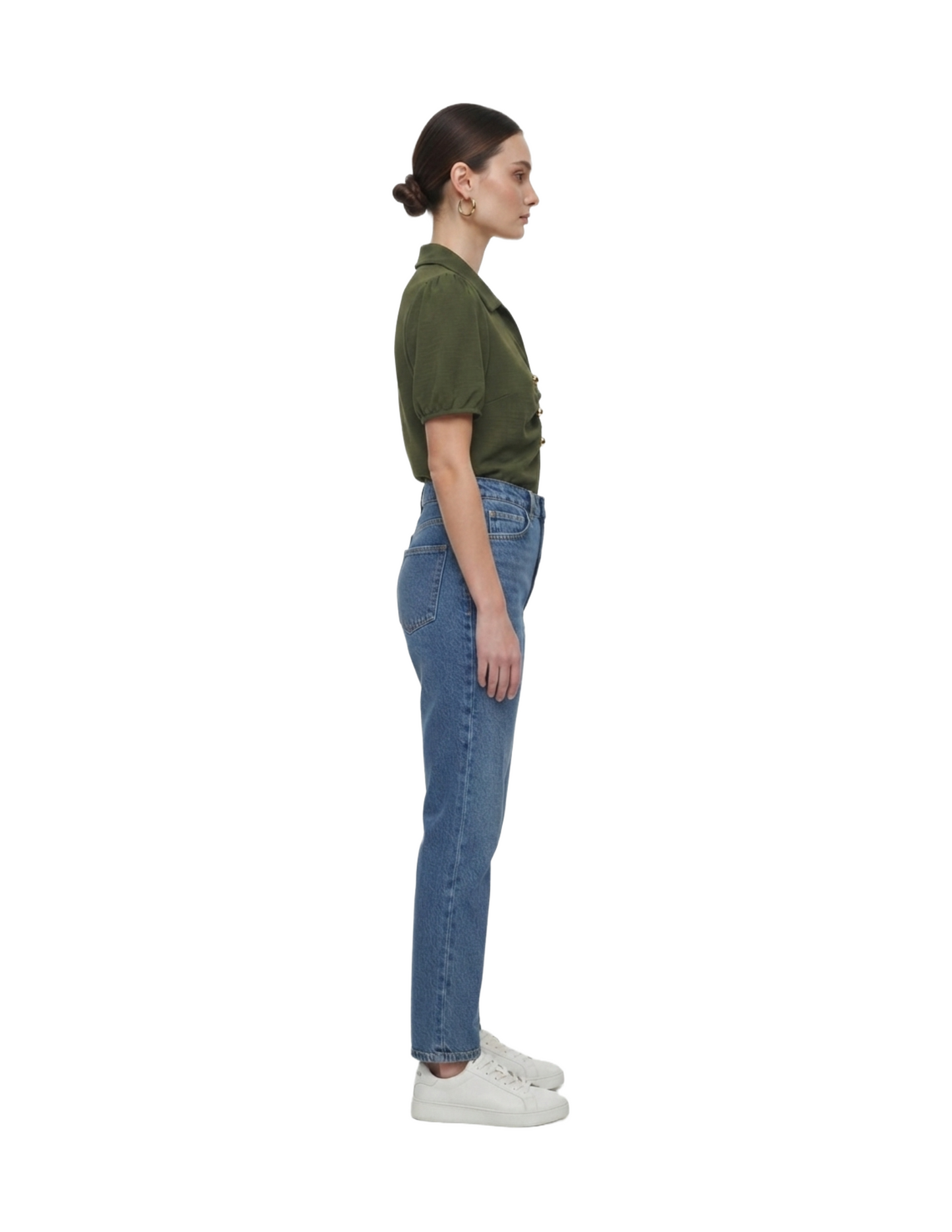 Blusa verde plisado lateral con botones dorados