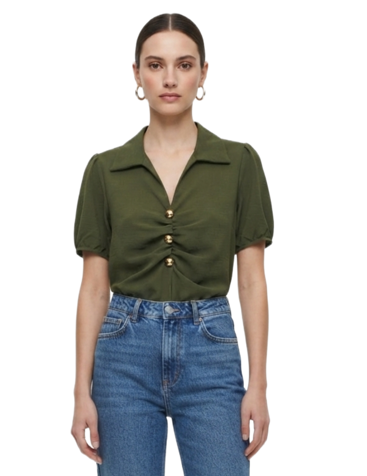 Blusa verde plisado lateral con botones dorados