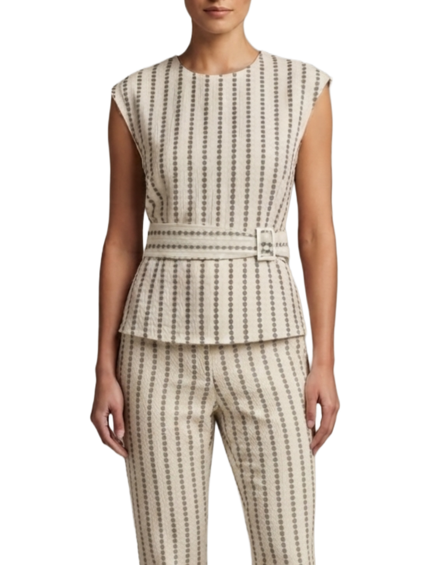 Conjunto de dos piezas de blusa y pantalón bordados con cuello redondo