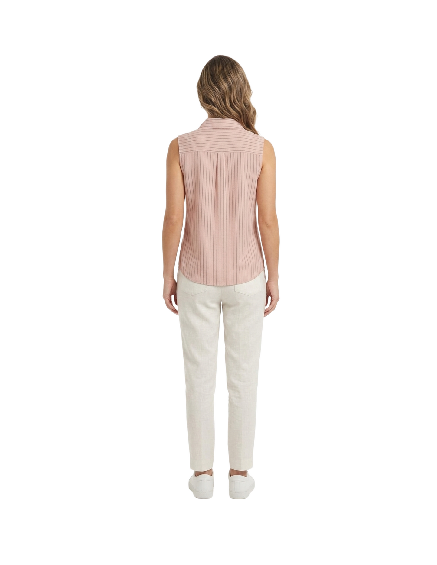 Blusa rosa de rayas, de lino abotonada