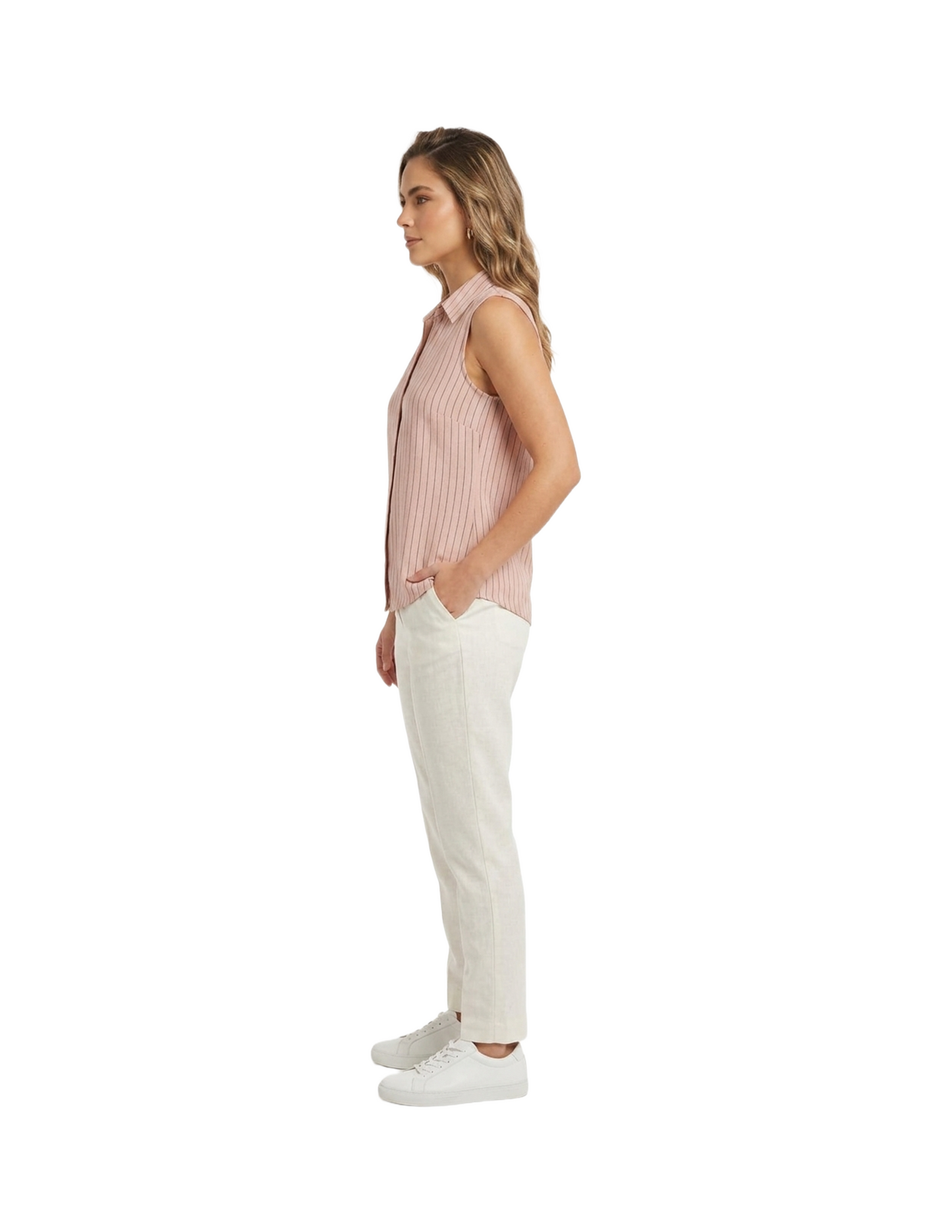 Blusa rosa de rayas, de lino abotonada