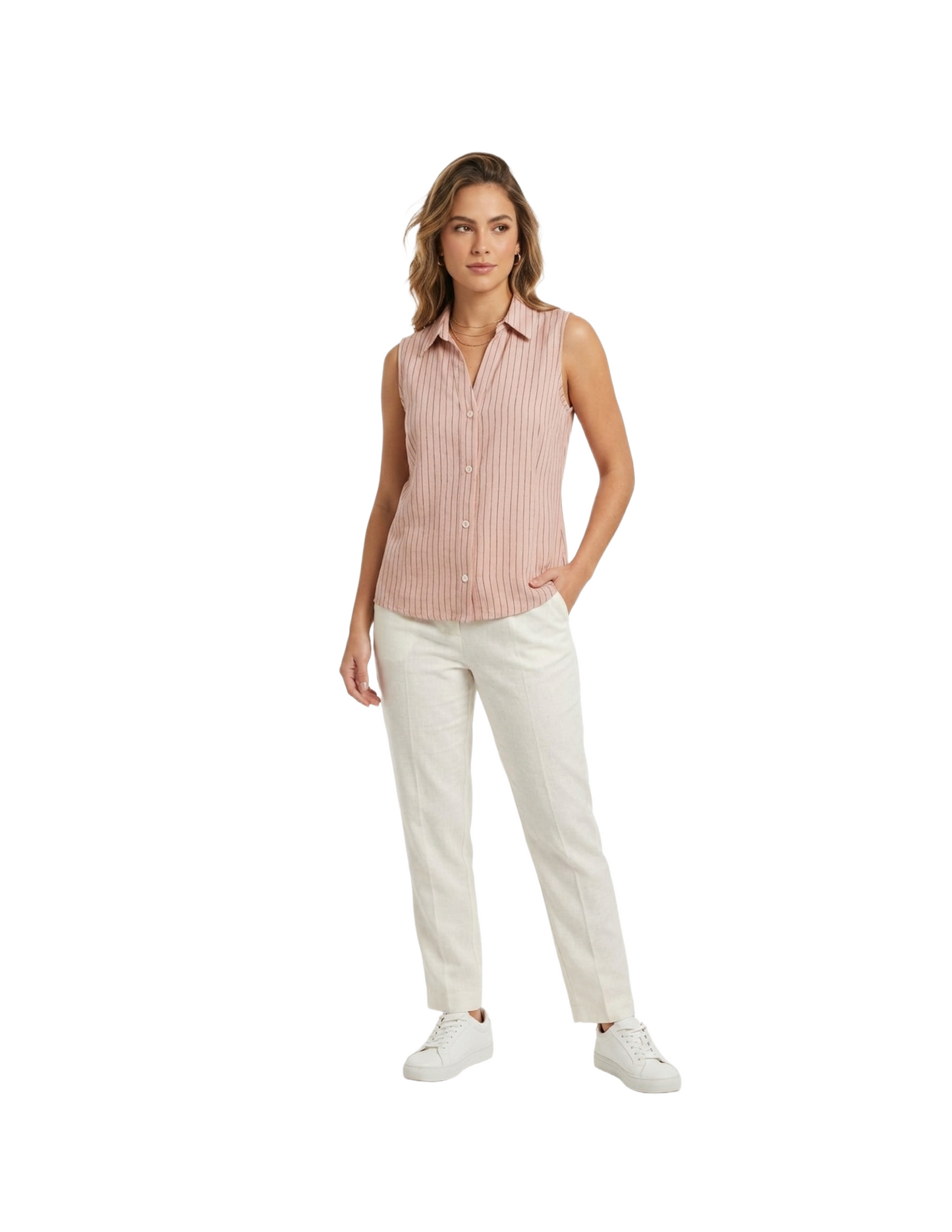 Blusa rosa de rayas, de lino abotonada